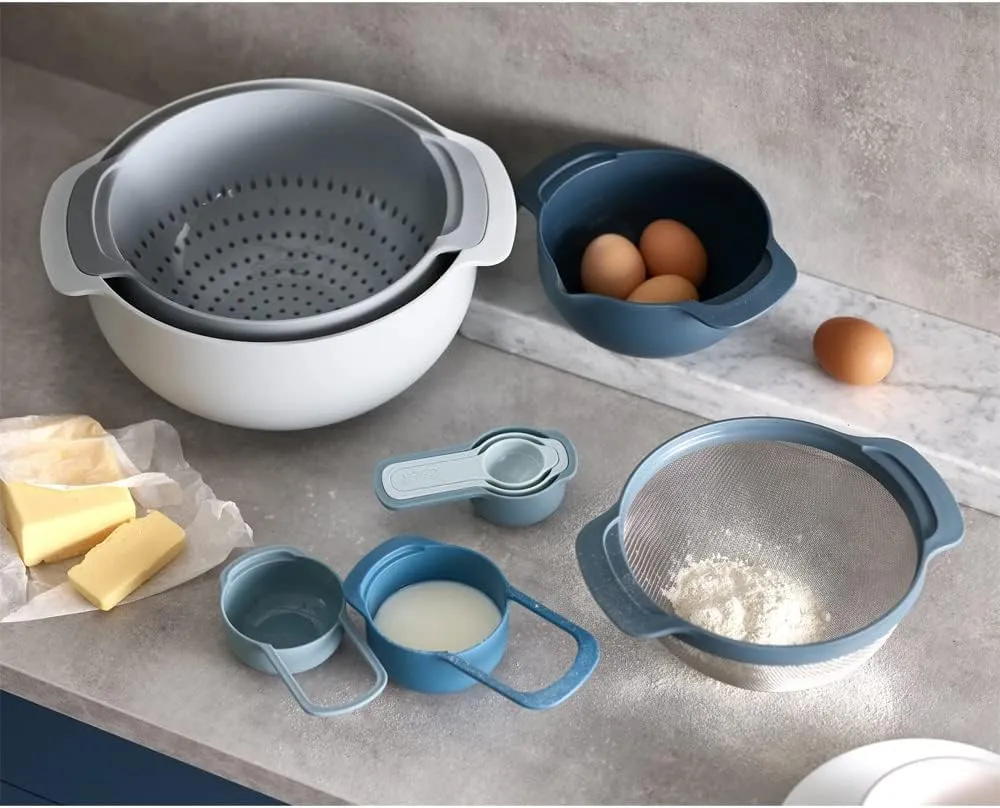 Joseph Joseph 9 Nesting Set with Mixing Bowls Measuring Cups Sieve Colander, 9-Piece, Sky