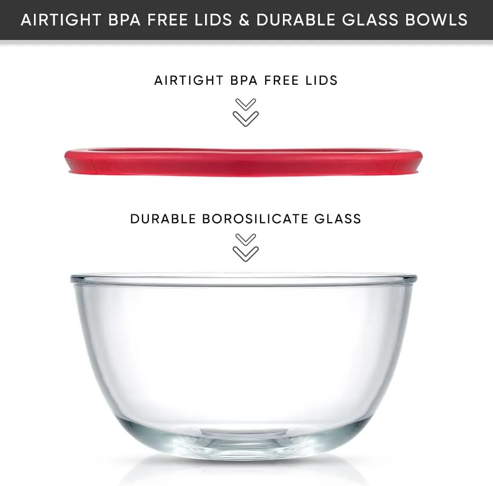 JoyJolt Kitchen Mixing Bowls - 8pc Glass with Lids Set – Neat Nesting Large Bowl Batter Cooking Storage and Big Salad BPA-Free Red