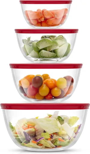 JoyJolt Kitchen Mixing Bowls - 8pc Glass with Lids Set – Neat Nesting Large Bowl Batter Cooking Storage and Big Salad BPA-Free Red