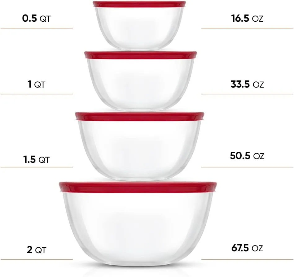 JoyJolt Kitchen Mixing Bowls - 8pc Glass with Lids Set – Neat Nesting Large Bowl Batter Cooking Storage and Big Salad BPA-Free Red