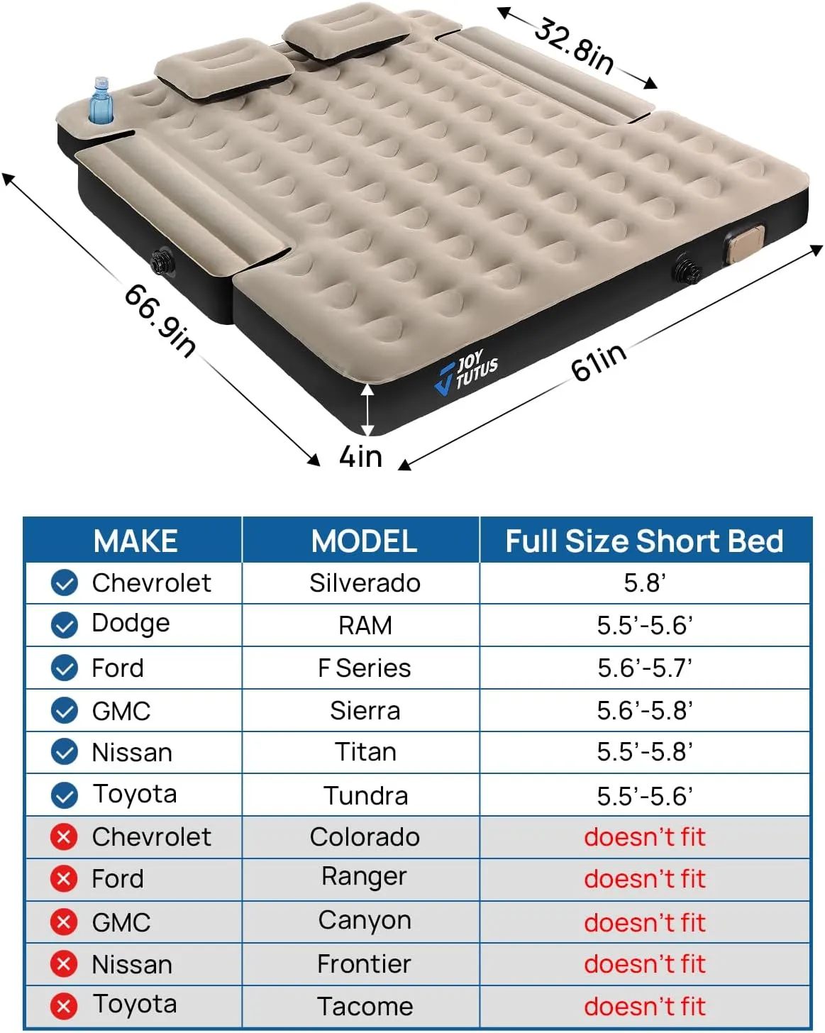 JOYTUTUS Truck Bed Air Mattress for 5.5-5.8Ft with Built-in Air Pump,Full Size Short Beds Inflatable Mattress for Outdoor Camping, with Carry Bag & Cup Holder