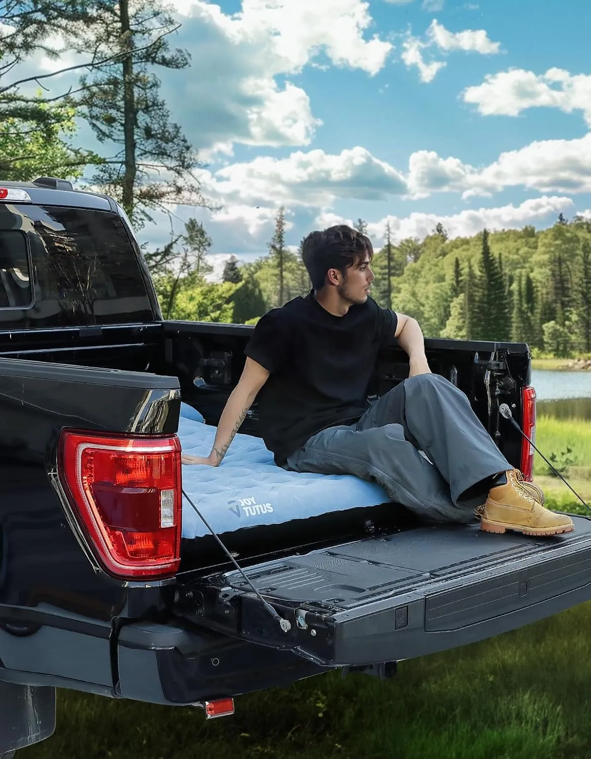 JOYTUTUS Upgraded Light Version Truck Bed Air Mattress for Camping, Thicken Inflatable Mattress for 5.5-5.8Ft Short Truck Bed,with Built-in Cup Holder&2 Inflatable Pillow,Full-Size,Grey Blue