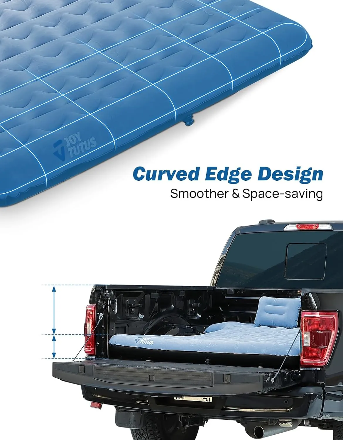JOYTUTUS Upgraded Light Version Truck Bed Air Mattress for Camping, Thicken Inflatable Mattress for 5.5-5.8Ft Short Truck Bed,with Built-in Cup Holder&2 Inflatable Pillow,Full-Size,Grey Blue