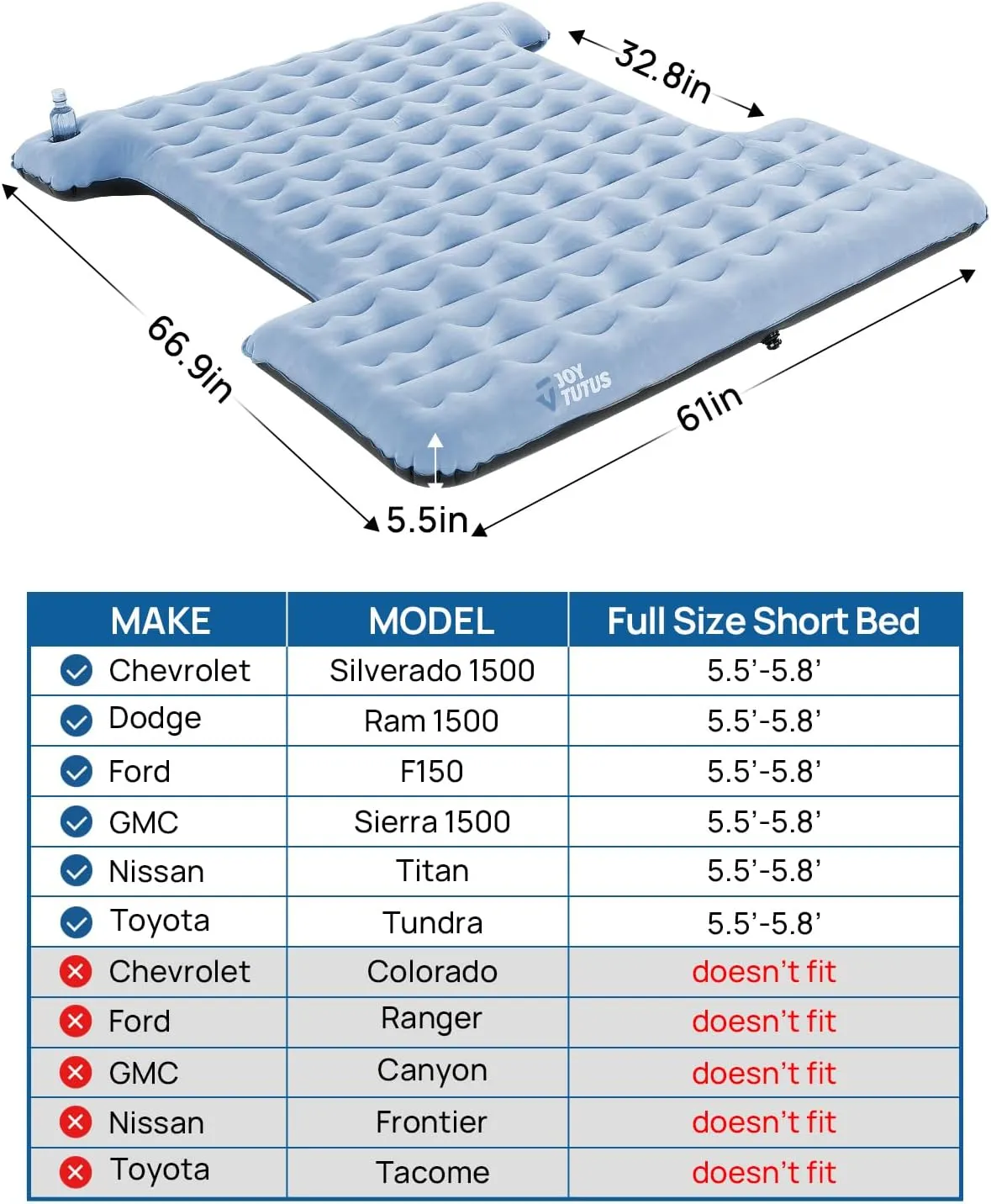 JOYTUTUS Upgraded Light Version Truck Bed Air Mattress for Camping, Thicken Inflatable Mattress for 5.5-5.8Ft Short Truck Bed,with Built-in Cup Holder&2 Inflatable Pillow,Full-Size,Grey Blue