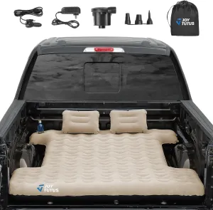 JOYTUTUS Upgraded Light Version Truck Bed Air Mattress for Camping, Thicken Inflatable Mattress for 6.4-6.7Ft Short Truck Bed,with Built-in Cup Holder&2 Inflatable Pillow,Camel and Black