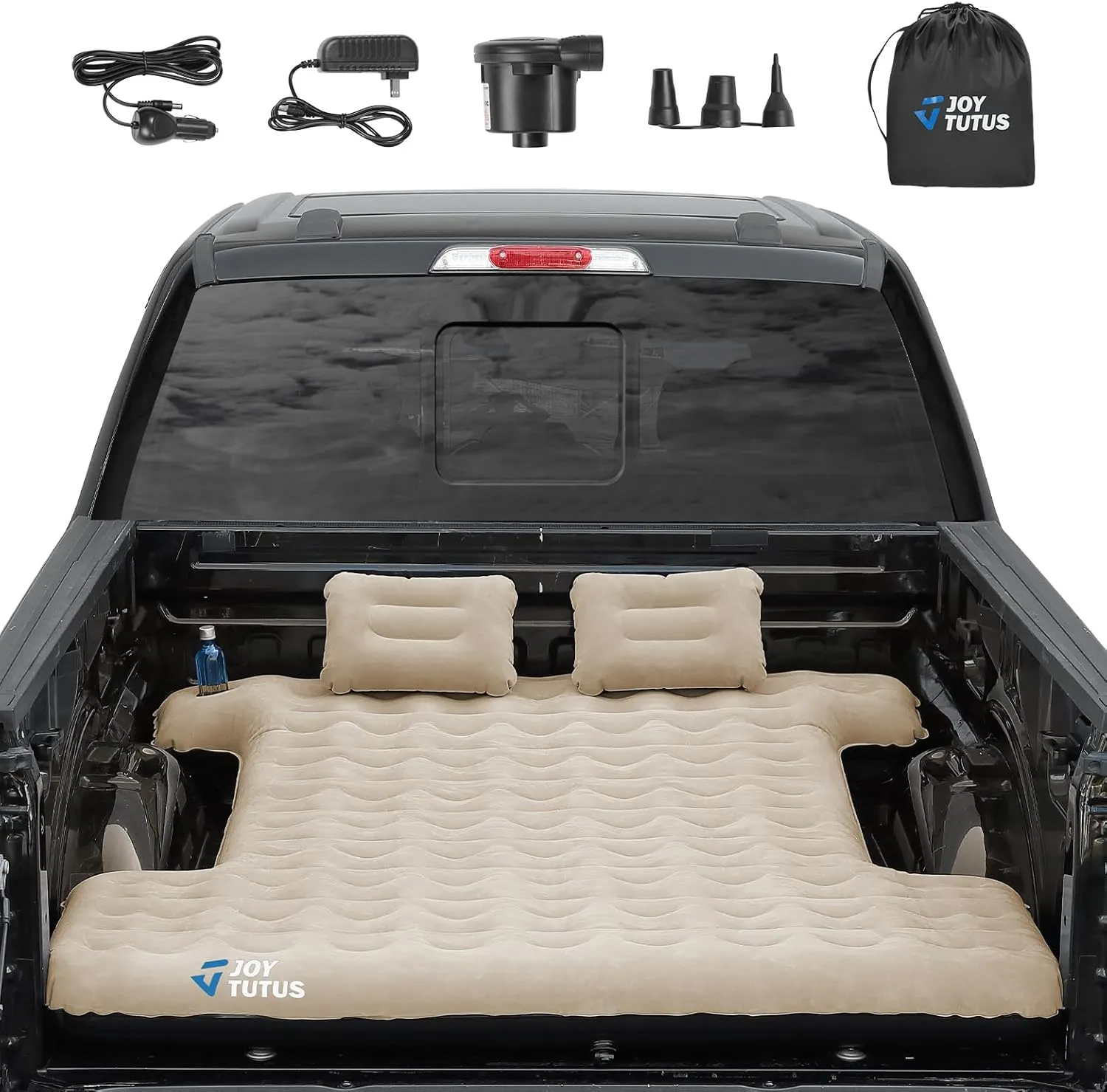 JOYTUTUS Upgraded Light Version Truck Bed Air Mattress for Camping, Thicken Inflatable Mattress for 6.4-6.7Ft Short Truck Bed,with Built-in Cup Holder&2 Inflatable Pillow,Camel and Black