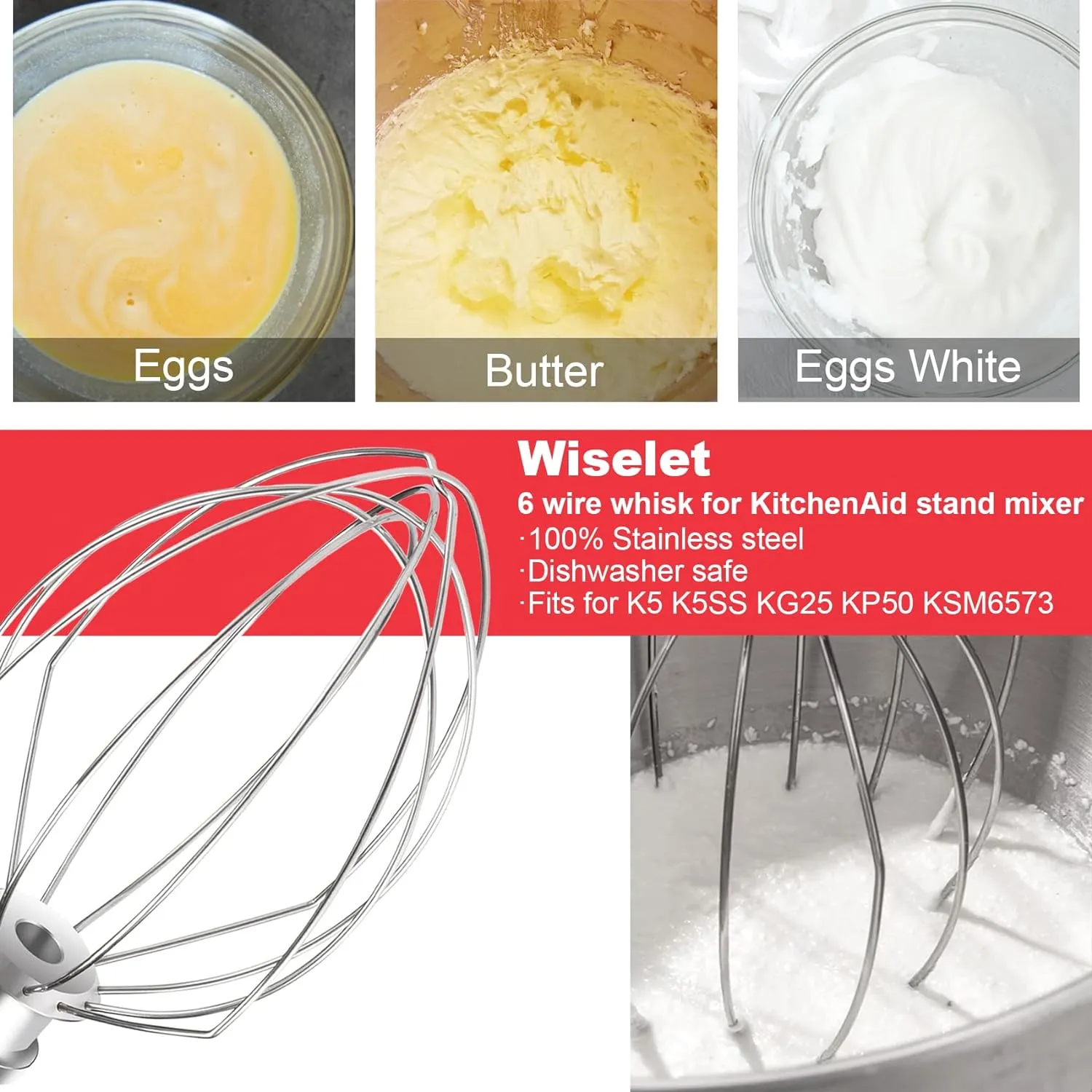 K5A Stainless Steel Whisk for KitchenAid 5 Qt Bowl-Lift Stand Mixer, 6 Wire Whip Compatible with K4/5, K5SS, KSM5, KG25, KF26, KP50, KSM6573, KSM6521 Heavy Duty, 18/8 Stainless Steel, Dishwasher Safe