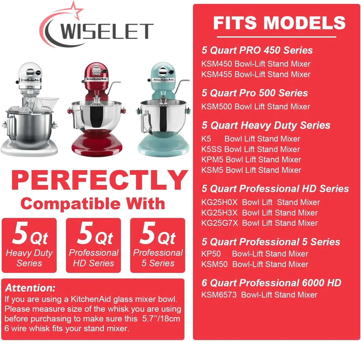 K5A Stainless Steel Whisk for KitchenAid 5 Qt Bowl-Lift Stand Mixer, 6 Wire Whip Compatible with K4/5, K5SS, KSM5, KG25, KF26, KP50, KSM6573, KSM6521 Heavy Duty, 18/8 Stainless Steel, Dishwasher Safe