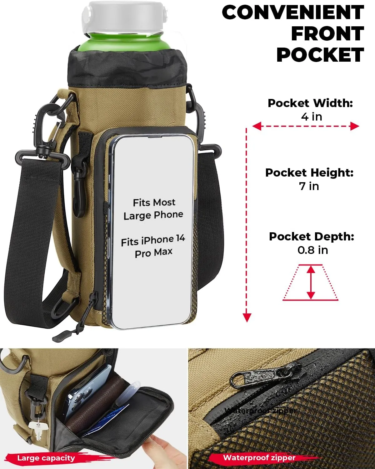 KEMIMOTO Water Bottle Holder Bag, Water Bottle Carrier with Adjustable Shoulder Strap, Water Bottle Pouch Holder for Hiking, Camping, Fishing, Compatible with YETI Stanley SLM 32 oz, 40 oz, 64 oz