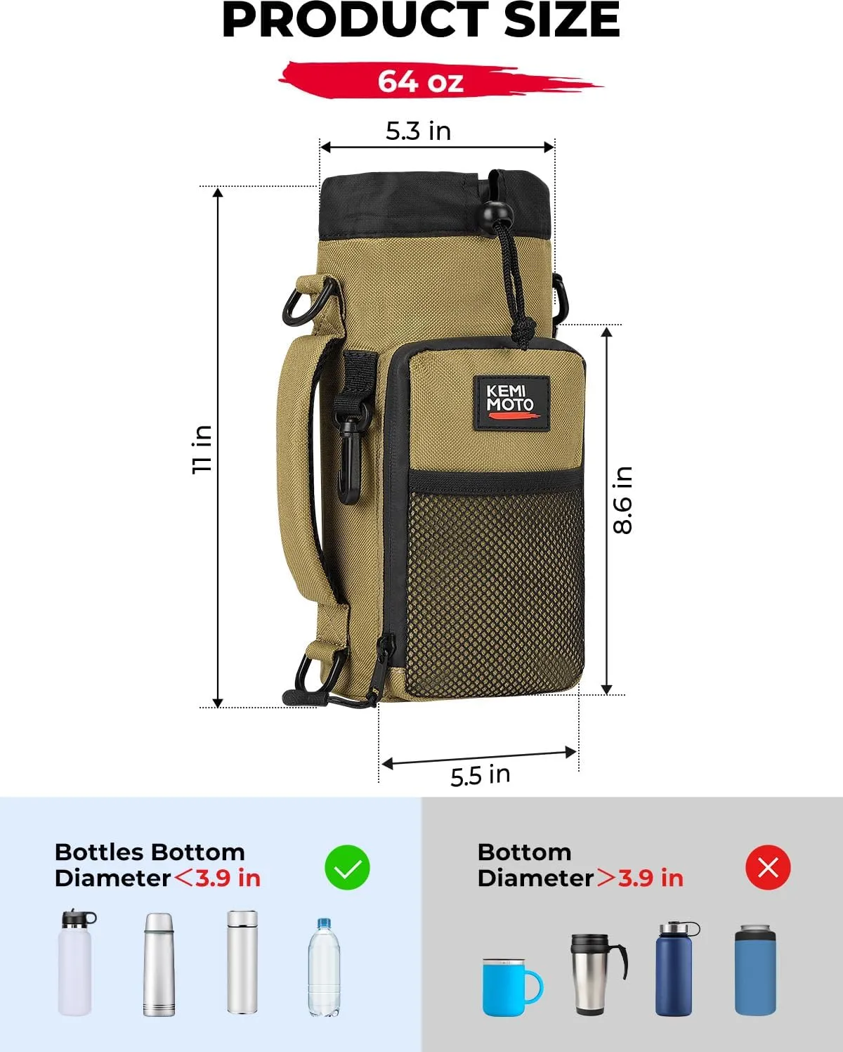 KEMIMOTO Water Bottle Holder Bag, Water Bottle Carrier with Adjustable Shoulder Strap, Water Bottle Pouch Holder for Hiking, Camping, Fishing, Compatible with YETI Stanley SLM 32 oz, 40 oz, 64 oz