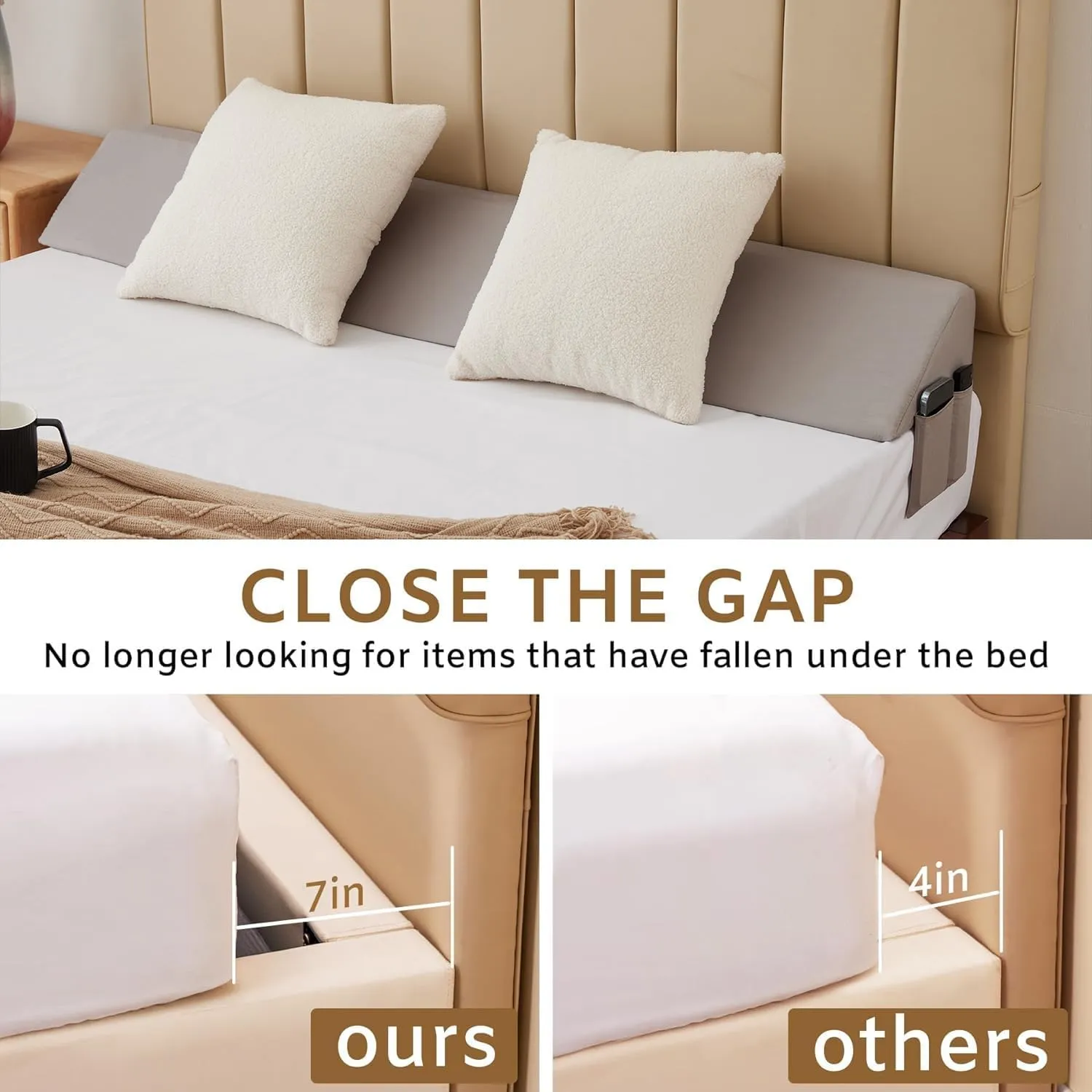 King Bed Wedge Pillow for Headboard, Wedge Pillow Headboard, Bed Gap Filler - Fill The Gap (0-7")(Gray, 76"x10"x6")