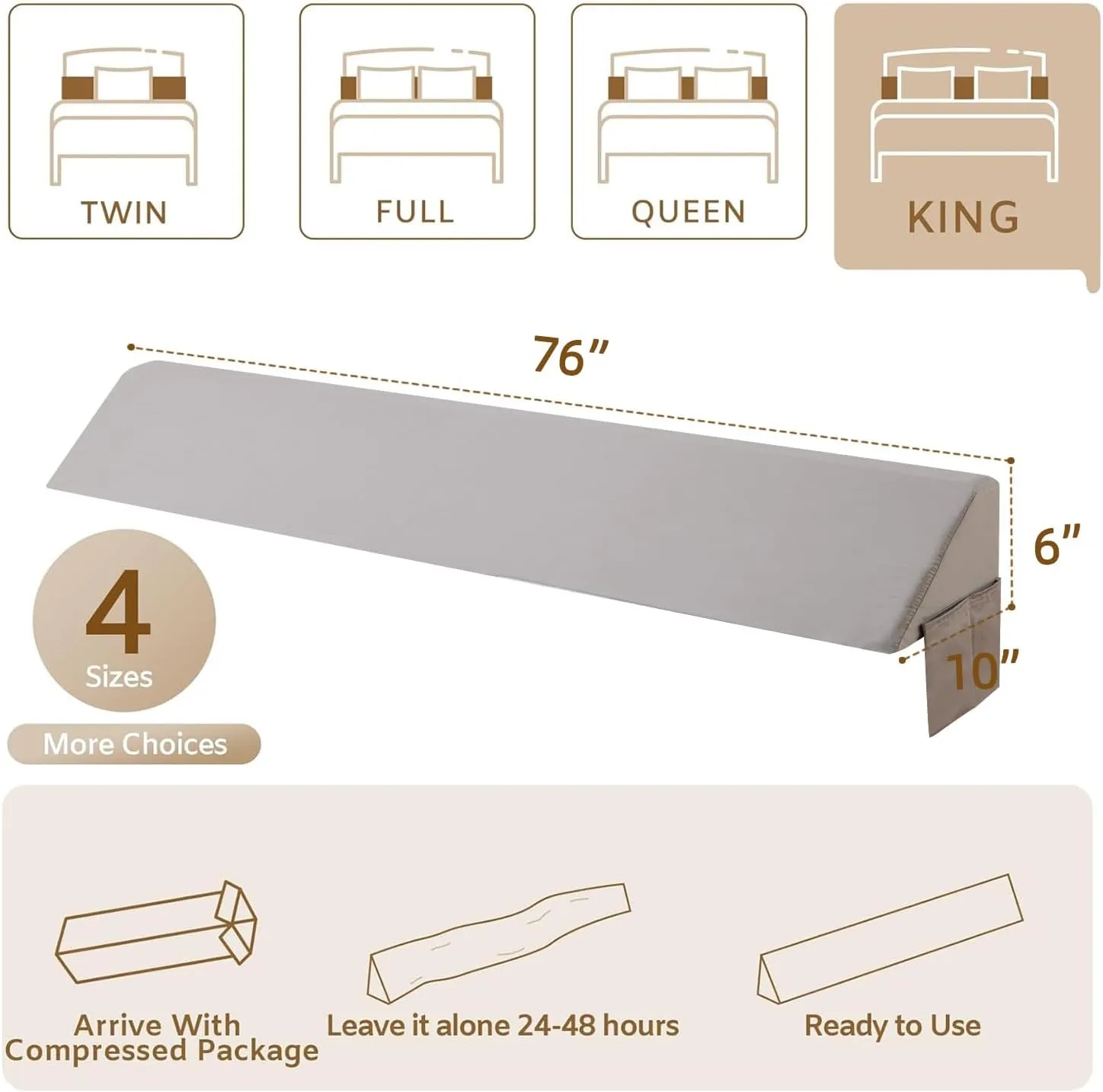 King Bed Wedge Pillow for Headboard, Wedge Pillow Headboard, Bed Gap Filler - Fill The Gap (0-7")(Gray, 76"x10"x6")