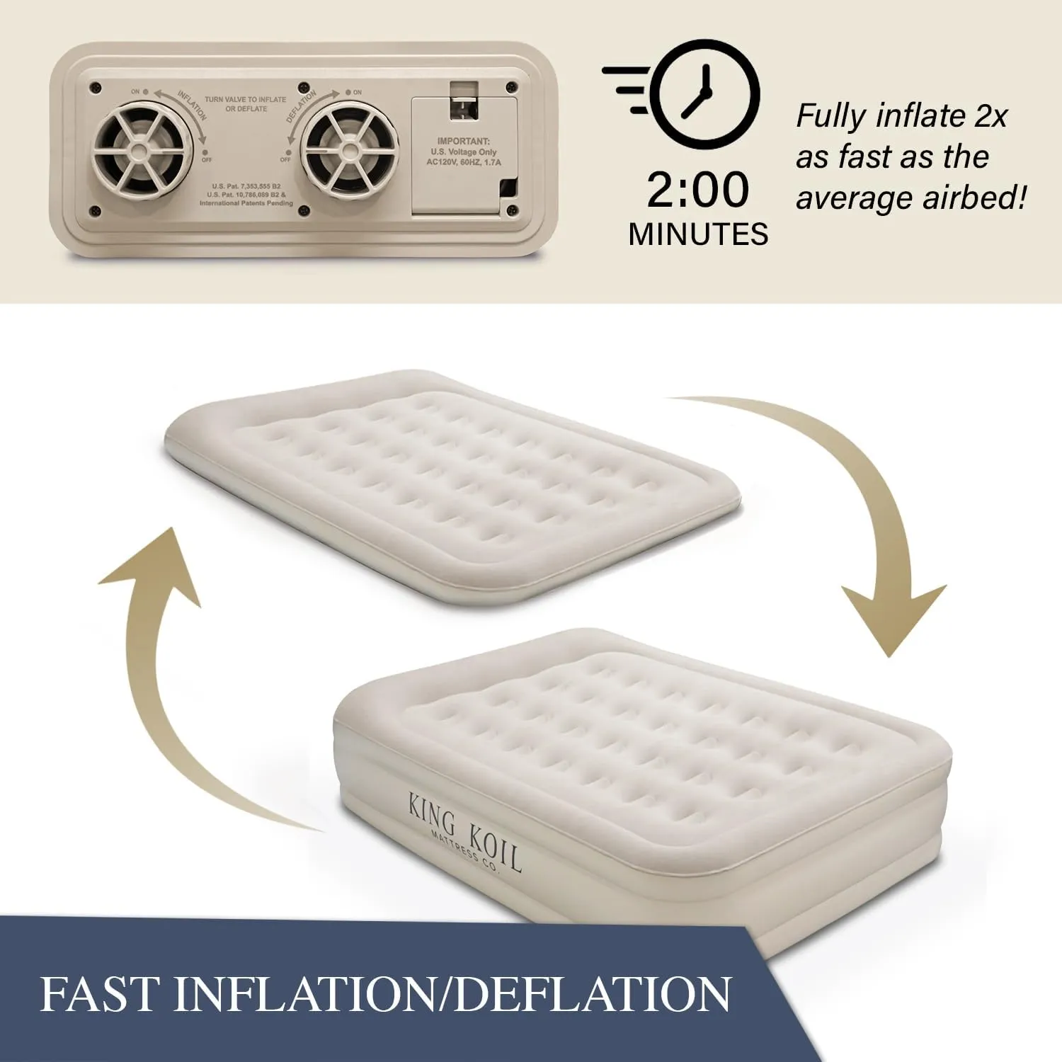 King Koil Luxury Air Mattress 20in Full Size Beige with Built-in Pump for Home, Camping & Guests-Inflatable Airbed Luxury Double High Adjustable Blow Up Mattress, Durable - Portable and Waterproof