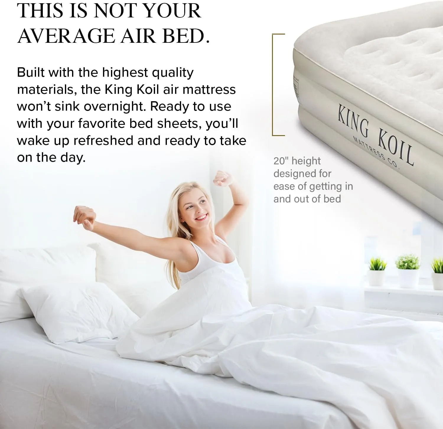 King Koil Luxury Air Mattress 20in Full Size Beige with Built-in Pump for Home, Camping & Guests-Inflatable Airbed Luxury Double High Adjustable Blow Up Mattress, Durable - Portable and Waterproof