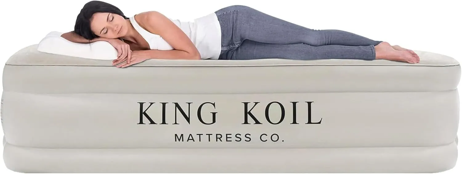 King Koil Luxury Queen Size Air Mattress with High-Speed Built-in Pump, Blow Up Bed Top Side Flocking, Puncture Resistant, 16in Double High Inflatable Airbed Guests or Travel 1-Year Warranty