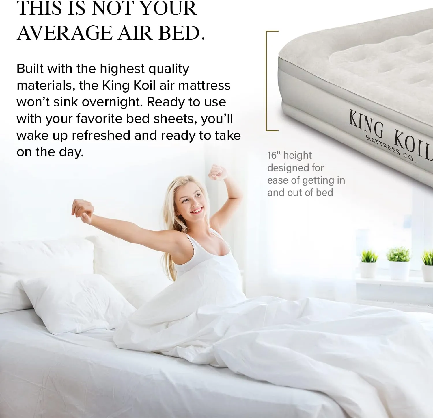 King Koil Luxury Queen Size Air Mattress with High-Speed Built-in Pump, Blow Up Bed Top Side Flocking, Puncture Resistant, 16in Double High Inflatable Airbed Guests or Travel 1-Year Warranty