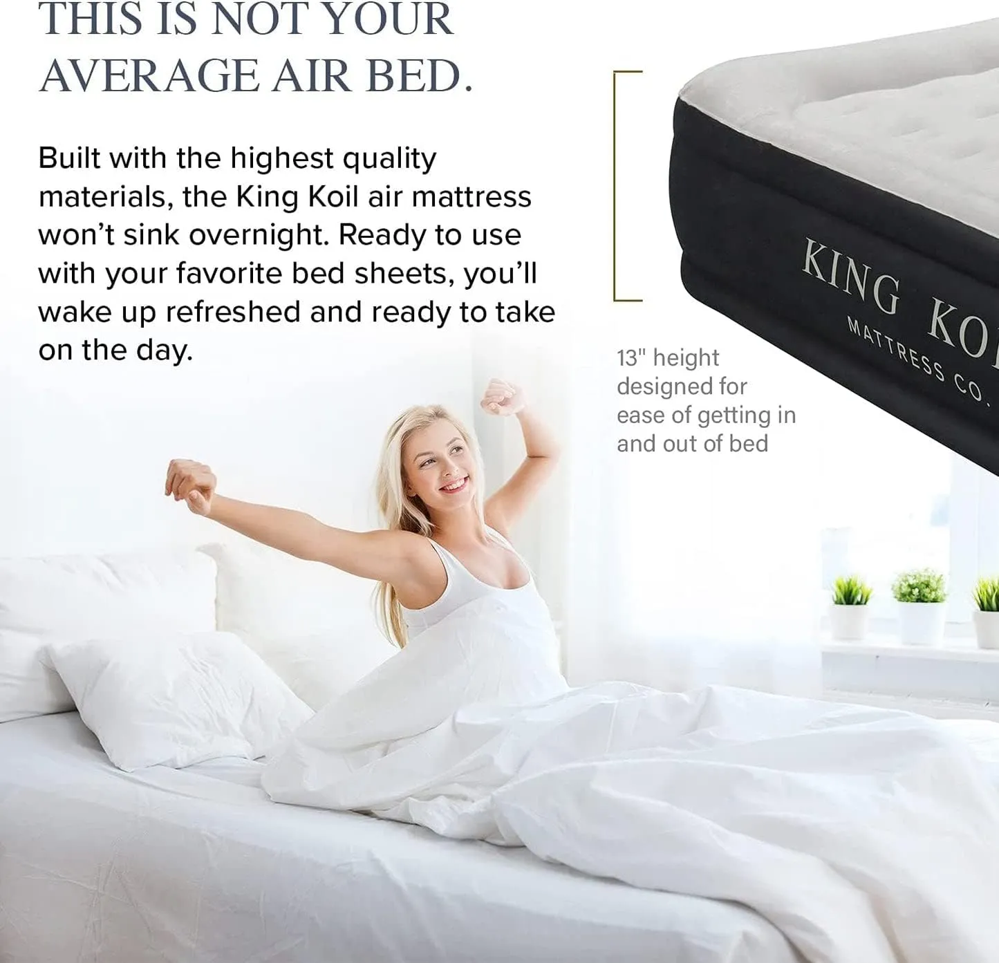 King Koil Premium Luxury Plush Pillow Top Queen Size Air Mattress with Built-in High-Speed Pump for Home, Camping, Guests,13" Inflatable Double High Blow Up Airbed, Durable Waterproof, 1-Year Warranty