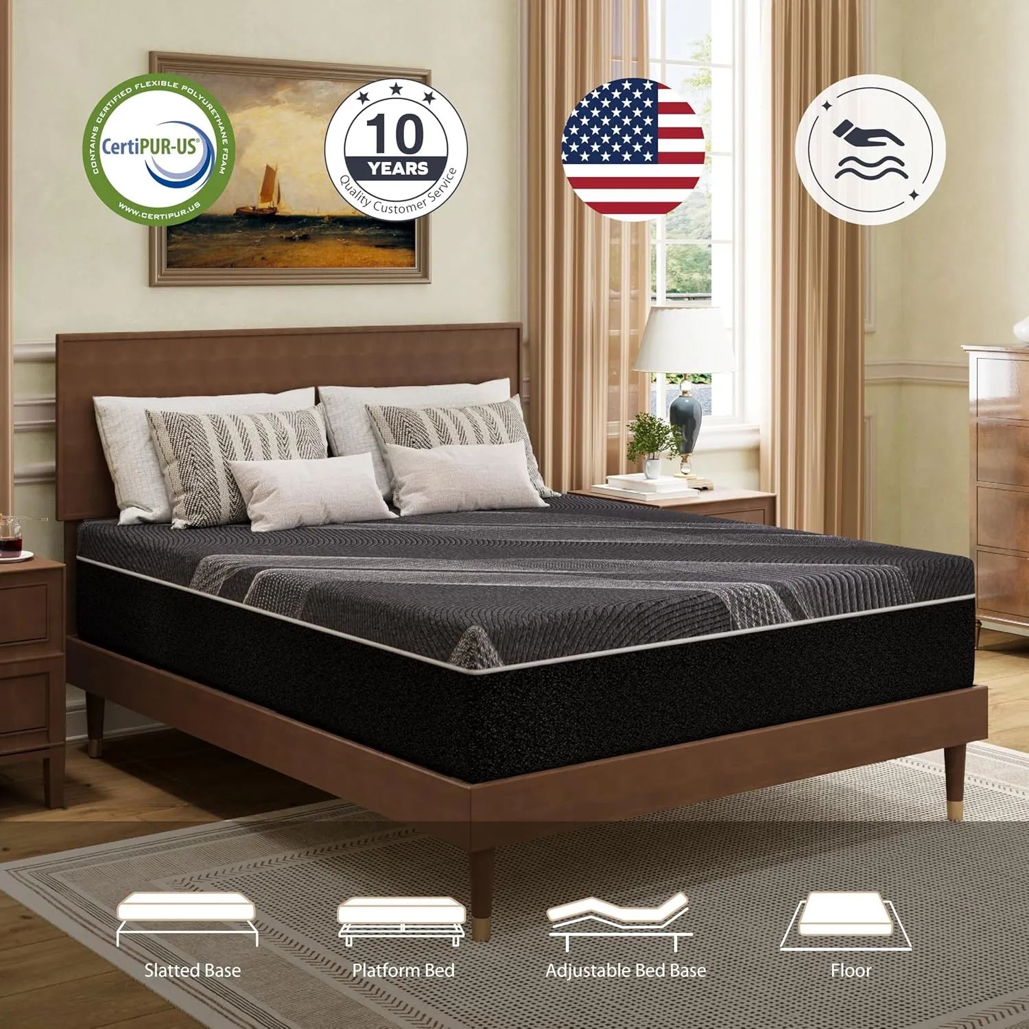 King Mattress 12 Inch Charcoal Memory Foam in a Box, CertiPUR-US Certified, Fiberglass Free, Gel Double Mattress, Made in The USA of US Foam, 80" × 76" × 12", Medium