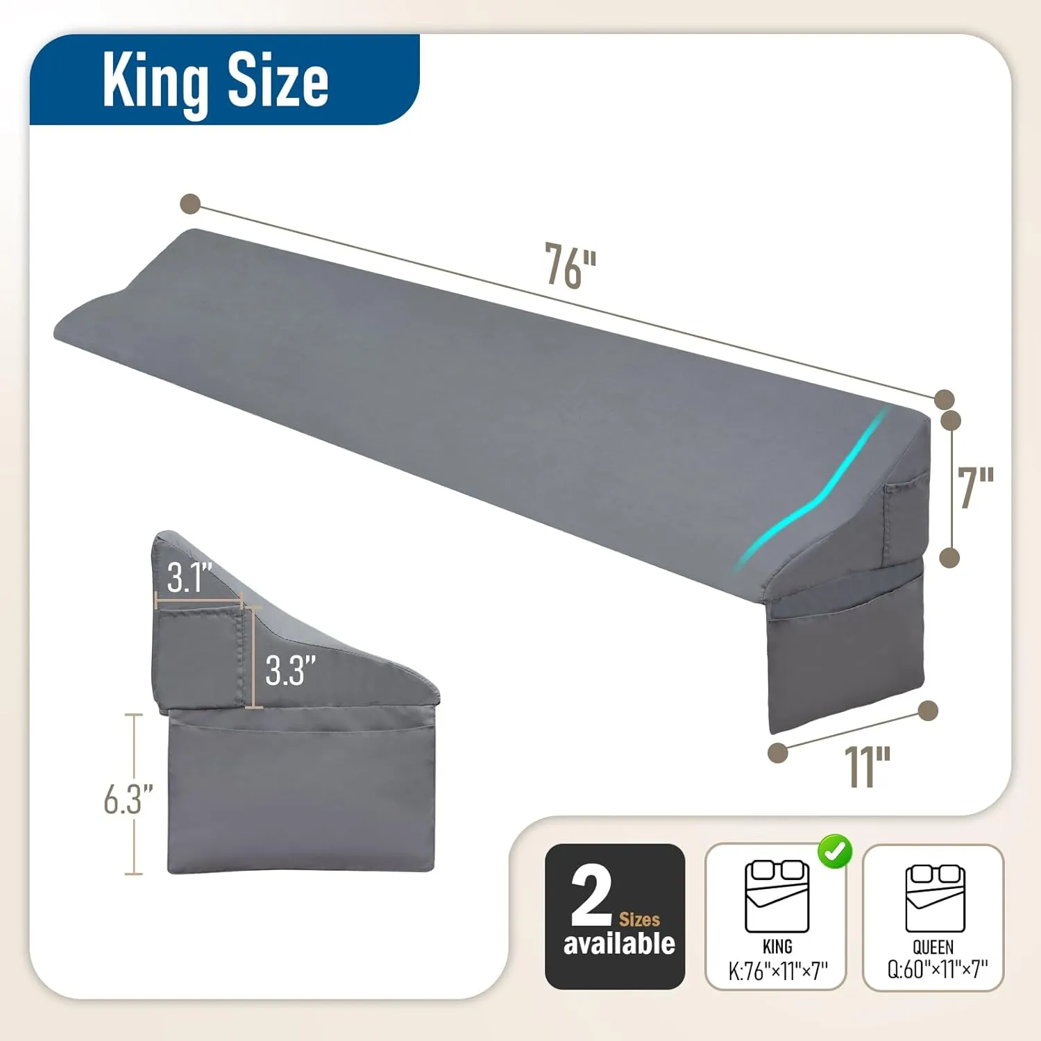 King Size Bed Wedge Pillow for Headboard, 76"x11"x7" Mattress Gap Filler for Better Sleep Height, Triangle Pillow Wedge Filling 0-5.5" Headboard Gap, Grey