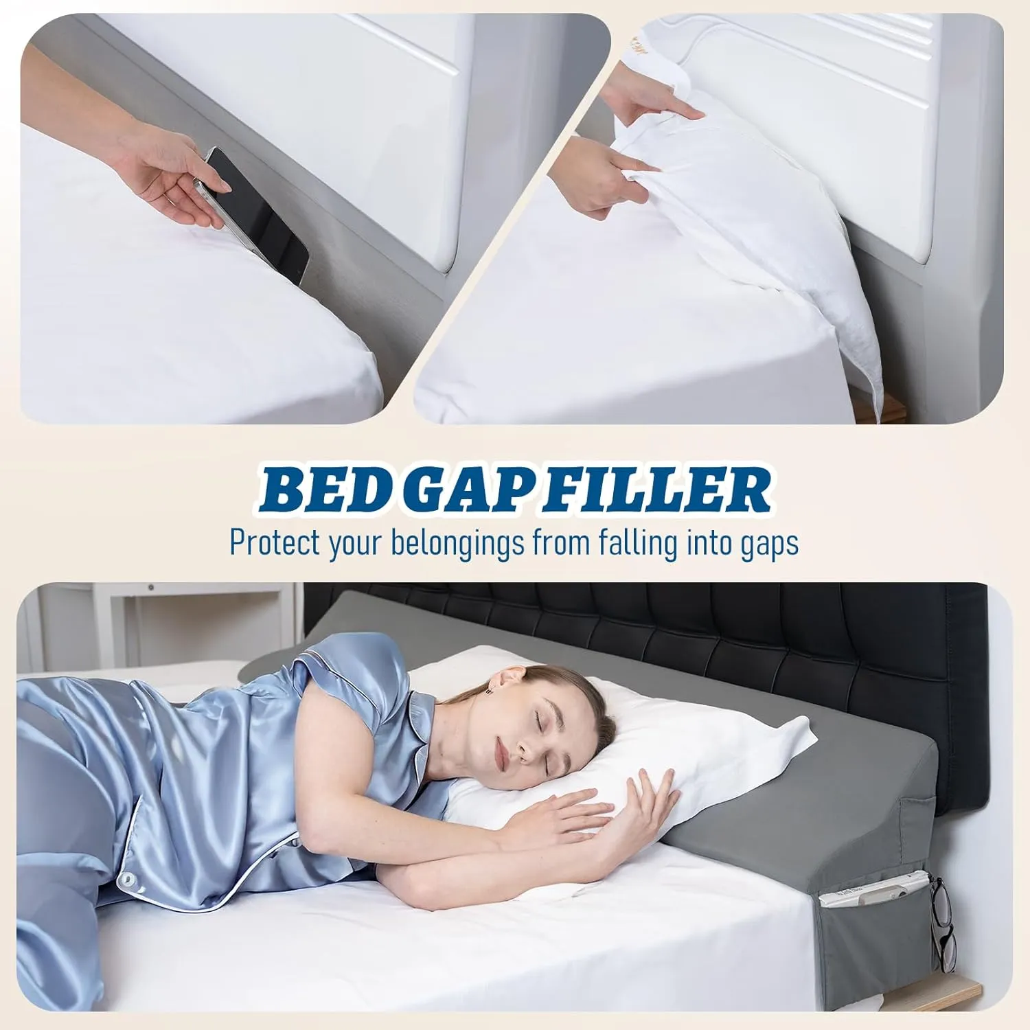 King Size Bed Wedge Pillow for Headboard, 76"x11"x7" Mattress Gap Filler for Better Sleep Height, Triangle Pillow Wedge Filling 0-5.5" Headboard Gap, Grey