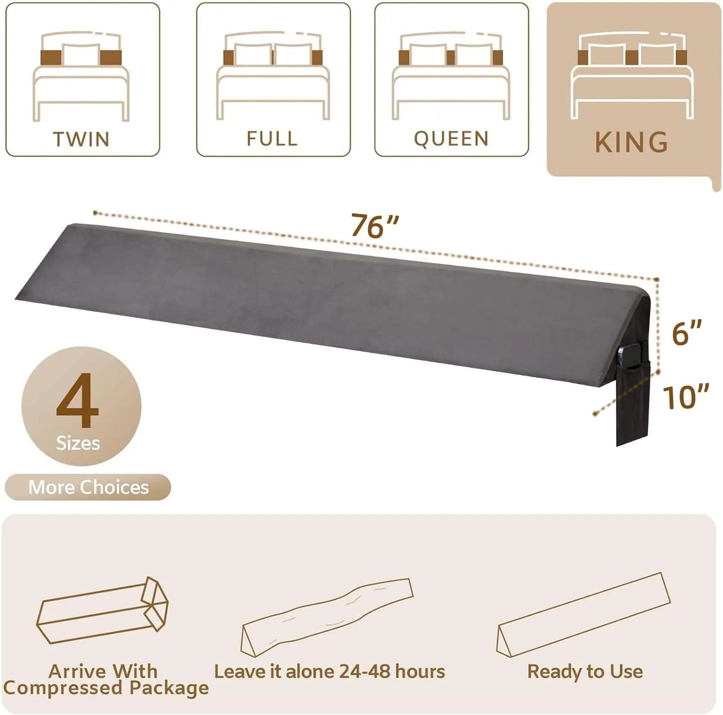 King Wedge Pillow Headboard (76"x10"x6"), Bed Wedge Pillow for Headboard, Foam Headboard Pillow, Bed Gap Filler King - Fill The Gap (0-7"), Mattress Gap Filler (Short Plush, 76"x10"x6")