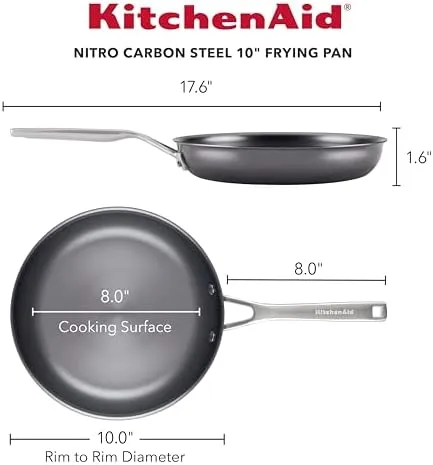 KitchenAid NITRO Carbon Steel Frying Pan/Skillet, Stainless Steel Handle, Compatible with All Cooktops, 10 Inch Open Fry Pan - Black