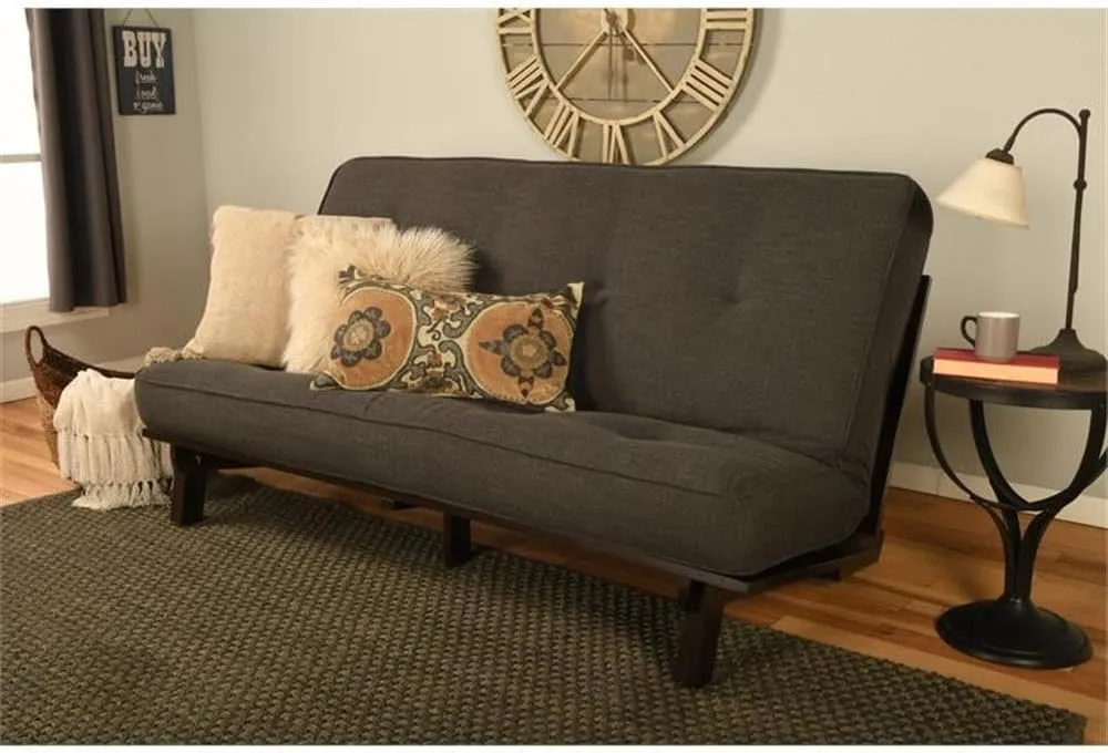 Kodiak Furniture Carson Full Size Futon Frame and Mattress Set - Java Brown Finish Wood Futon Frame with Mattress Included in Charcoal Gray Color
