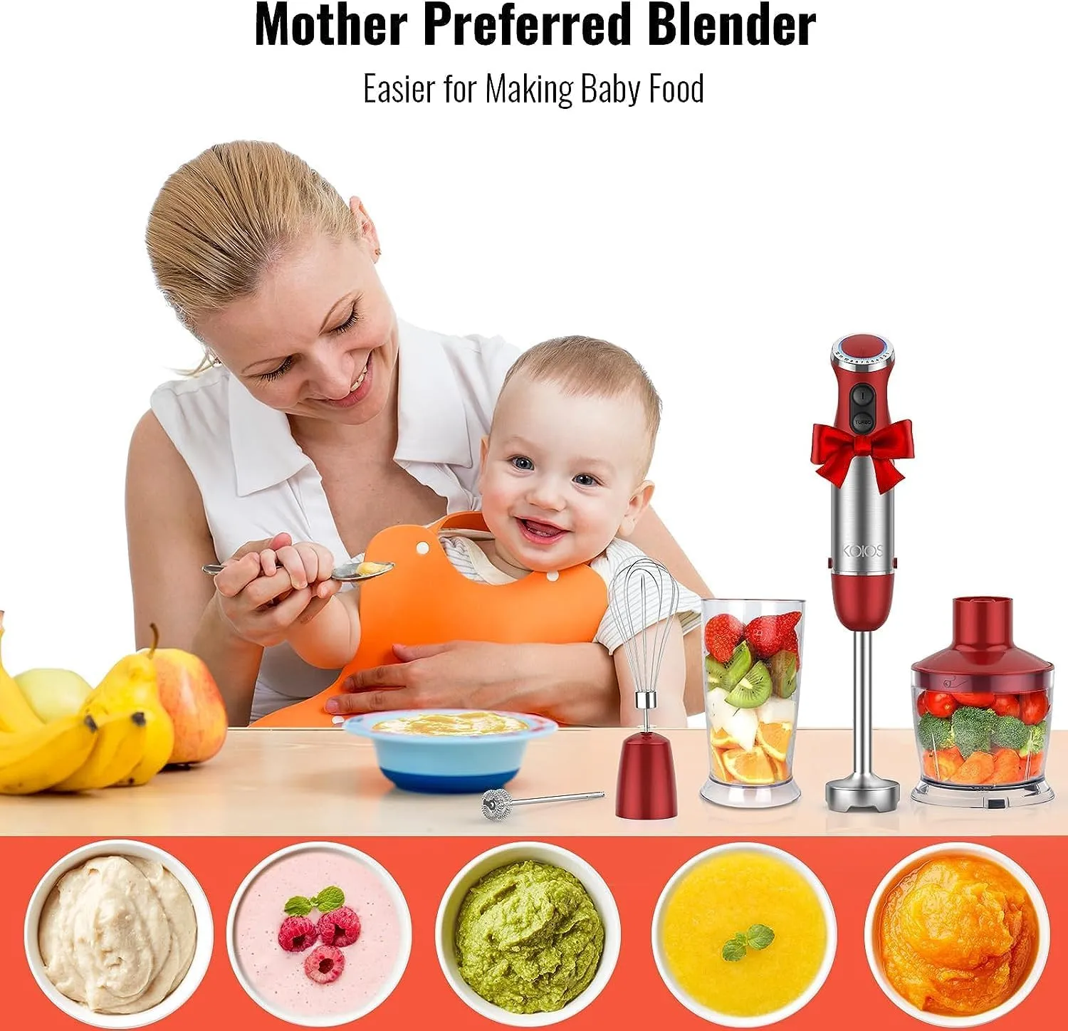KOIOS 5-in-1 Hand Immersion Blender, 1000W 12 Speed Handheld Blender Stick with Copper Motor Stainless Steel Blade, 600ml Mixing Beaker,500ml Food Processor, Whisk, Milk Frother, Non-BPA, Red