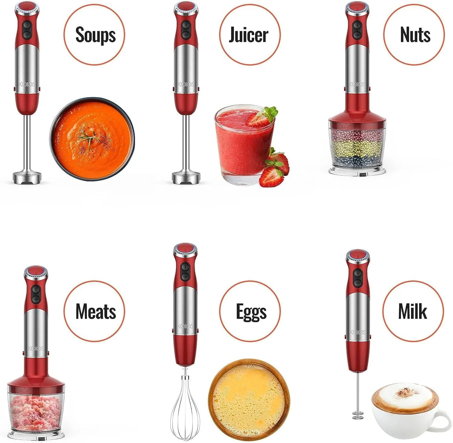 KOIOS 5-in-1 Hand Immersion Blender, 1000W 12 Speed Handheld Blender Stick with Copper Motor Stainless Steel Blade, 600ml Mixing Beaker,500ml Food Processor, Whisk, Milk Frother, Non-BPA, Red