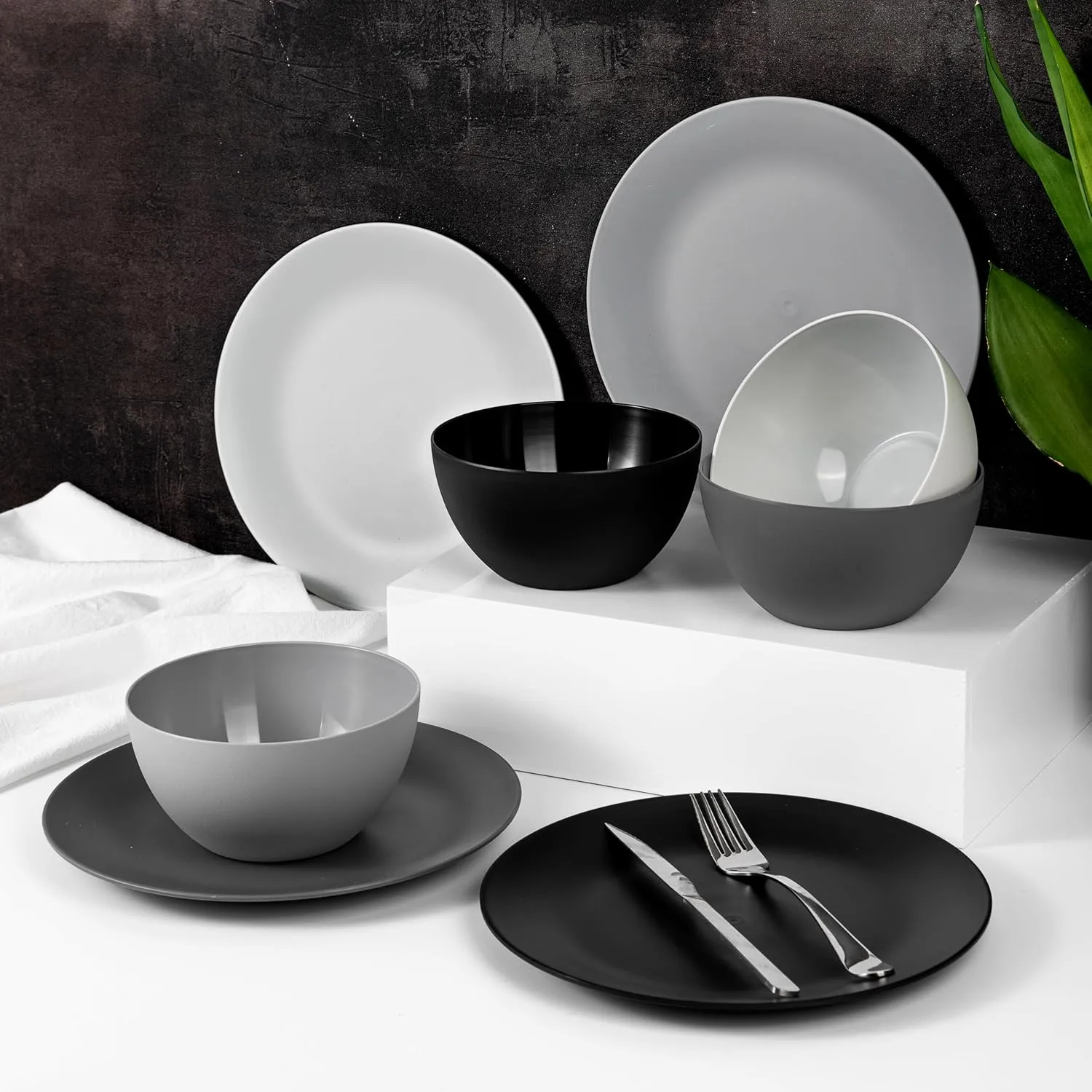 KX-WARE Plastic Bowls set of 12 - Unbreakable and Reusable 32oz/6 inch Plastic Cereal/Soup/Salad Bowls in Dark Grey | Dishwasher Safe, BPA Free