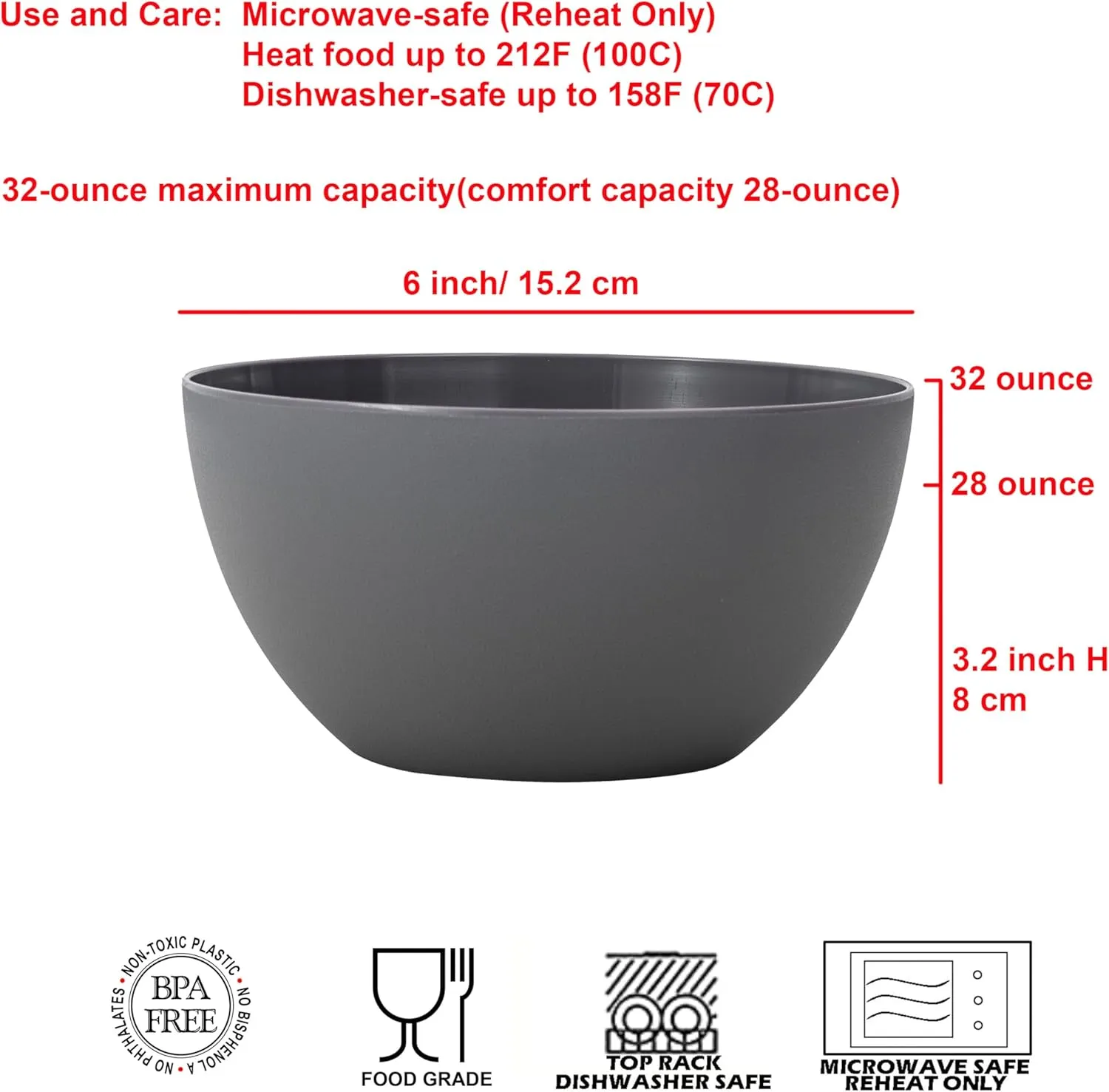 KX-WARE Plastic Bowls set of 12 - Unbreakable and Reusable 32oz/6 inch Plastic Cereal/Soup/Salad Bowls in Dark Grey | Dishwasher Safe, BPA Free