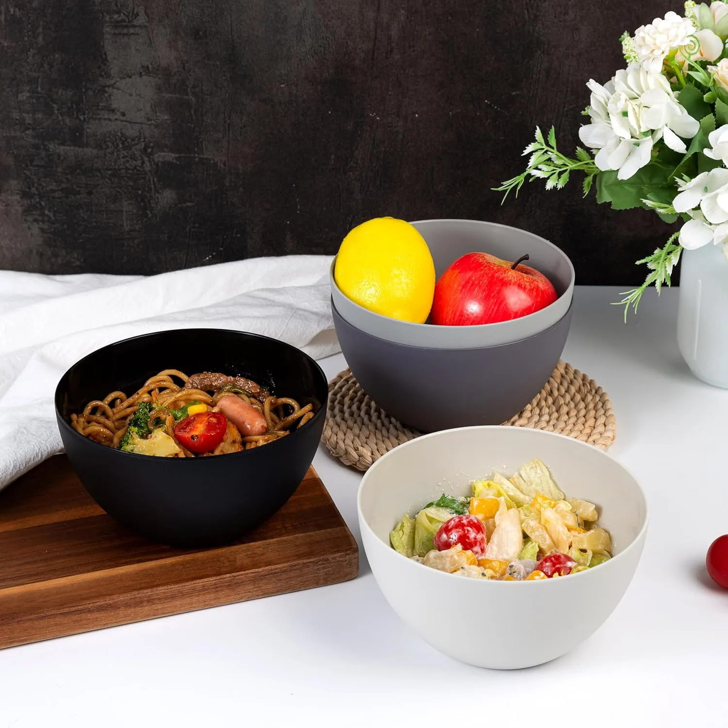 KX-WARE Plastic Bowls set of 12 - Unbreakable and Reusable 32oz/6 inch Plastic Cereal/Soup/Salad Bowls in Dark Grey | Dishwasher Safe, BPA Free