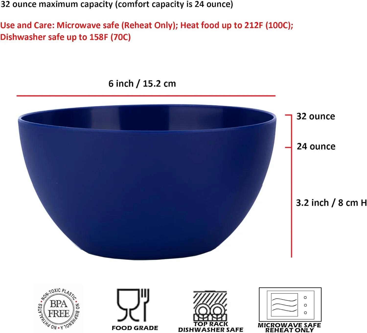 KX-WARE Plastic Bowls set of 12 - Unbreakable and Reusable 32oz/6 inch Plastic Cereal/Soup/Salad Bowls Navy Blue | Dishwasher Safe, BPA Free