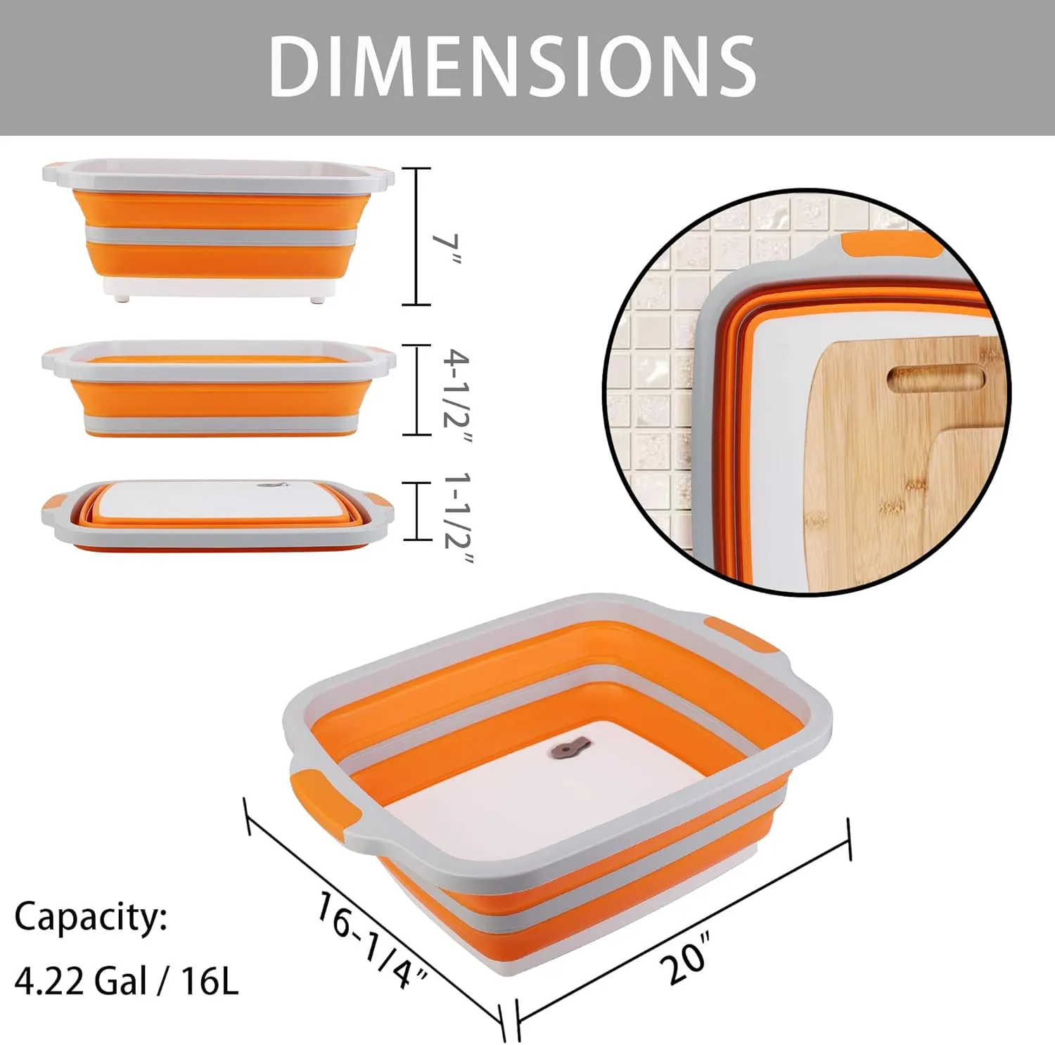 Large Collapsible Cutting Board(4.22 Gal/16L), Foldable Camping Sink with Colander, BBQ Prep Tub with Lid, Multifunction Dish Basin for Kitchen, Bowl, Vegetable and Fruit, Storage Basket for Picnic