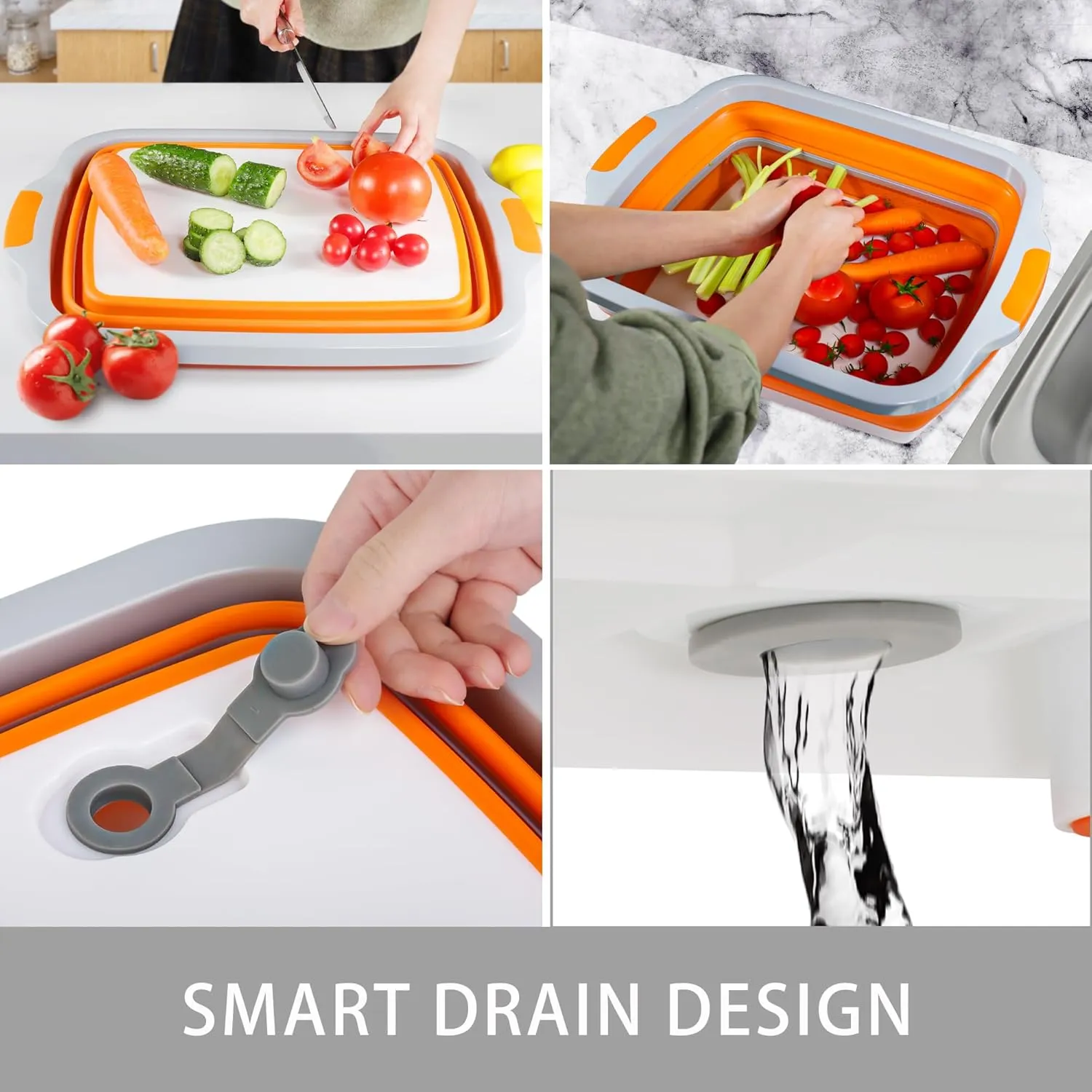 Large Collapsible Cutting Board(4.22 Gal/16L), Foldable Camping Sink with Colander, BBQ Prep Tub with Lid, Multifunction Dish Basin for Kitchen, Bowl, Vegetable and Fruit, Storage Basket for Picnic