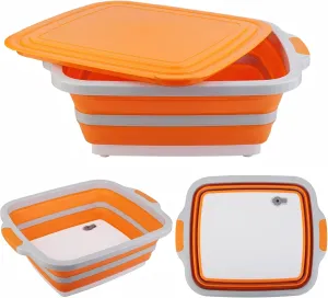 Large Collapsible Cutting Board(4.22 Gal/16L), Foldable Camping Sink with Colander, BBQ Prep Tub with Lid, Multifunction Dish Basin for Kitchen, Bowl, Vegetable and Fruit, Storage Basket for Picnic