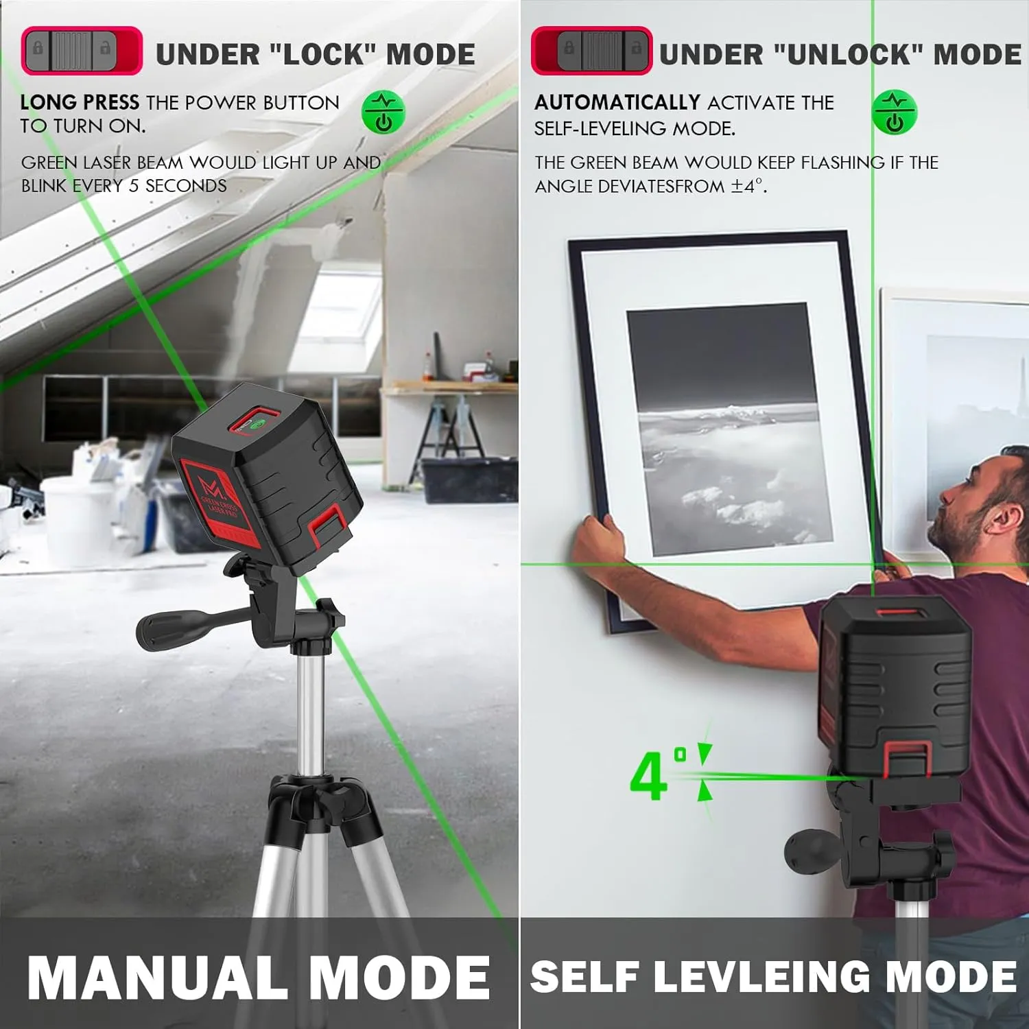 Laser Level with Tripod,100 feet Green Cross Line Rotary Leveling Laser Level, 4 Brightness Adjustment, Manual Self leveling and Pulse Mode,IP54 Waterproof Battery Carrying Bag Included