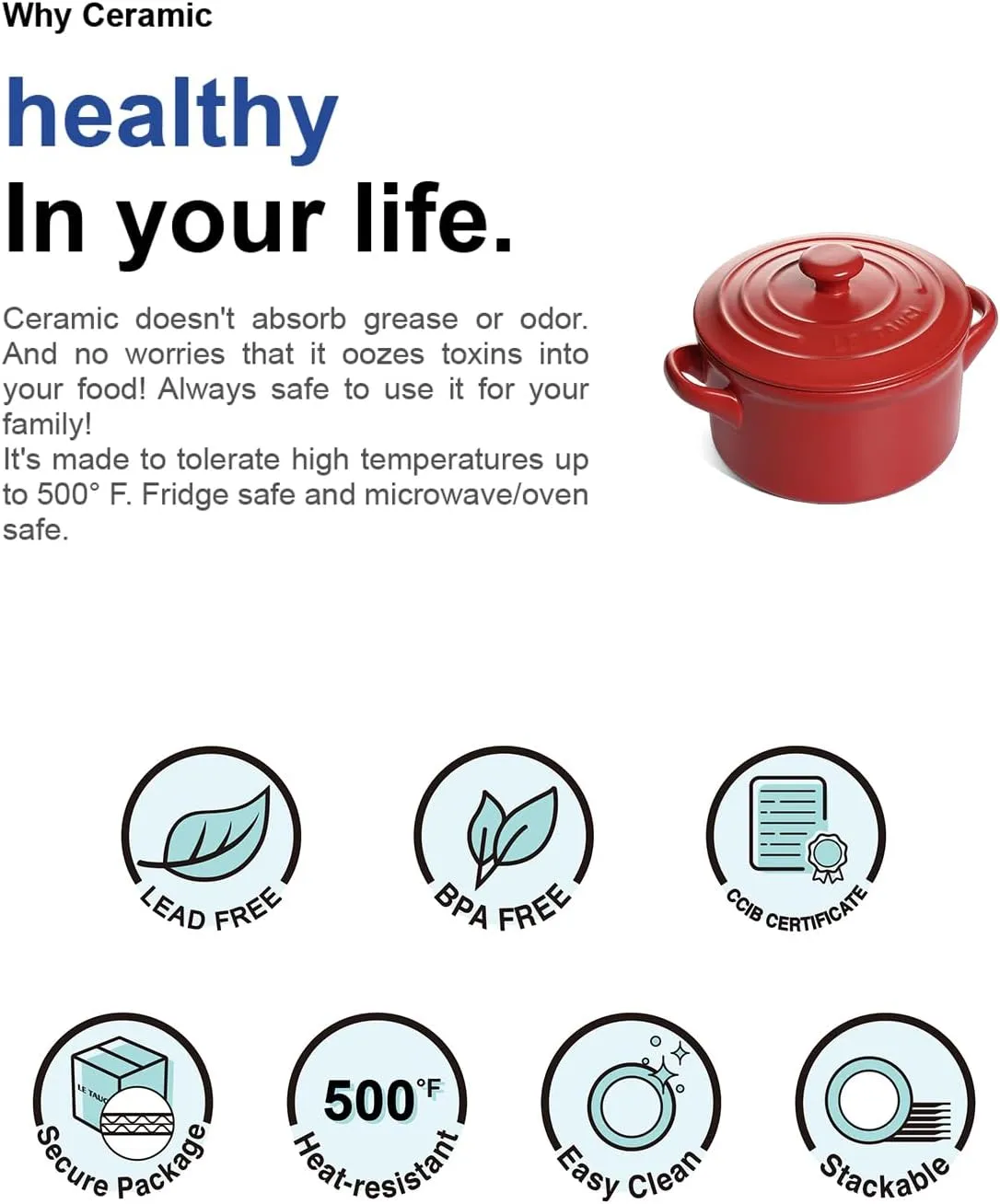LE TAUCI 3 Quart Ceramic Dutch Oven for Bread Baking, Pot With Lid for Sourdough, Non-Coated and Non-Toxic Ceramic Pan, Use as Soup and Stew Pot, Chili Red