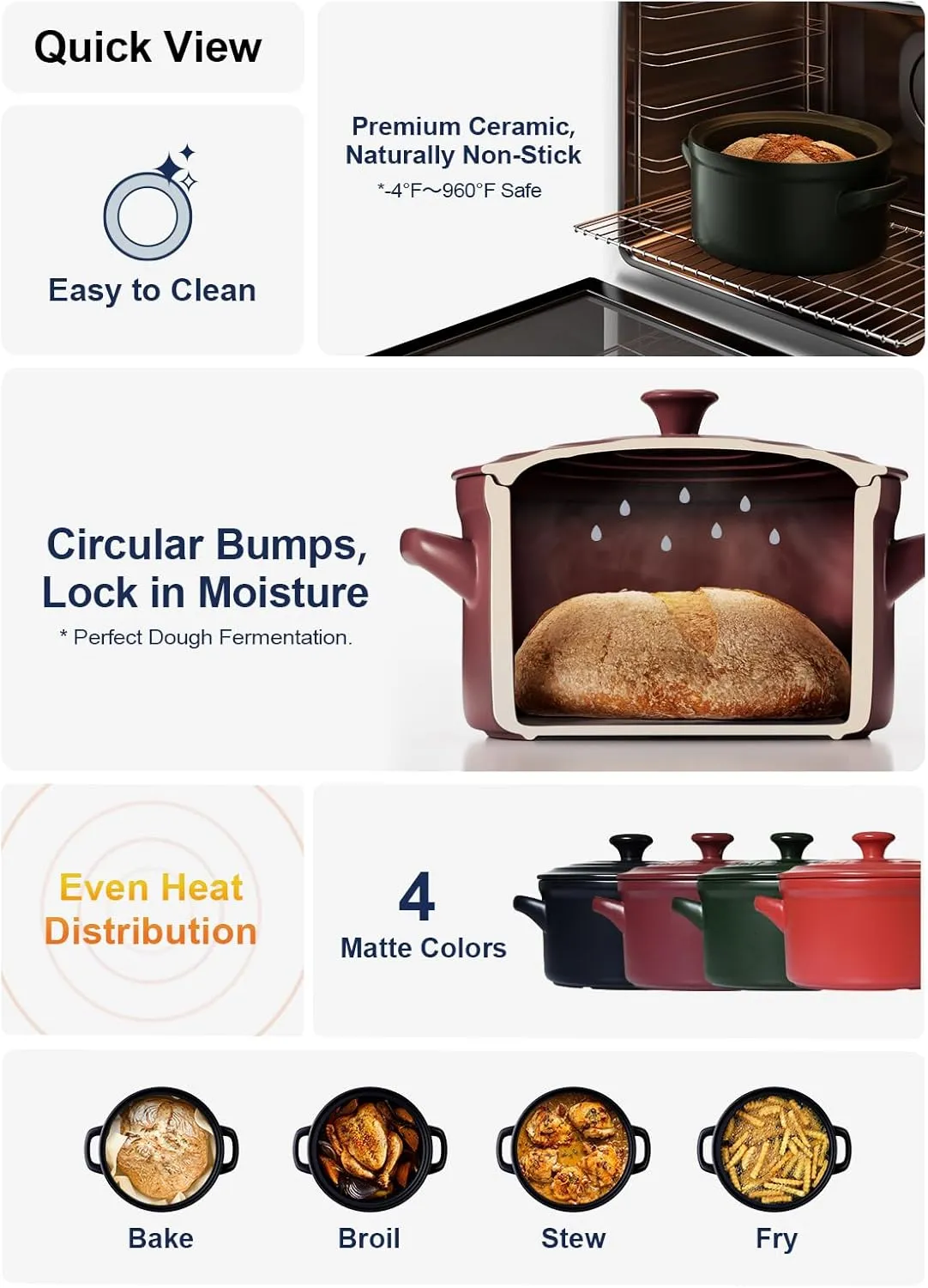 LE TAUCI 3 Quart Ceramic Dutch Oven for Bread Baking, Pot With Lid for Sourdough, Non-Coated and Non-Toxic Ceramic Pan, Use as Soup and Stew Pot, Chili Red