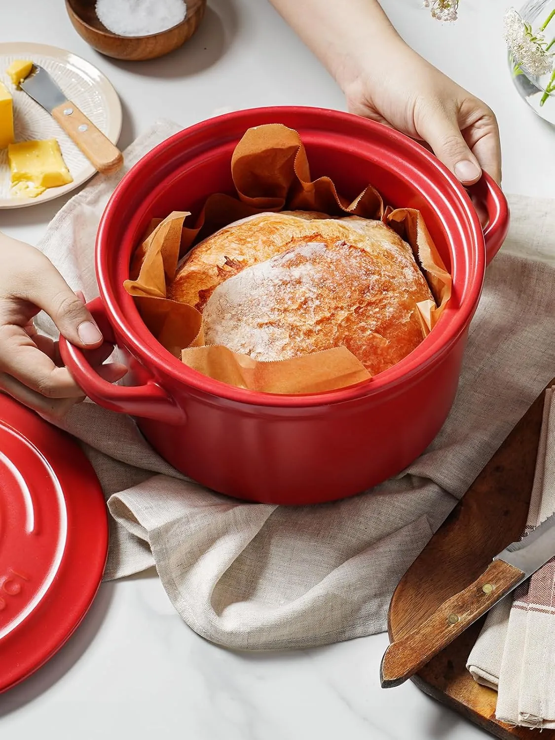 LE TAUCI 3 Quart Ceramic Dutch Oven for Bread Baking, Pot With Lid for Sourdough, Non-Coated and Non-Toxic Ceramic Pan, Use as Soup and Stew Pot, Chili Red