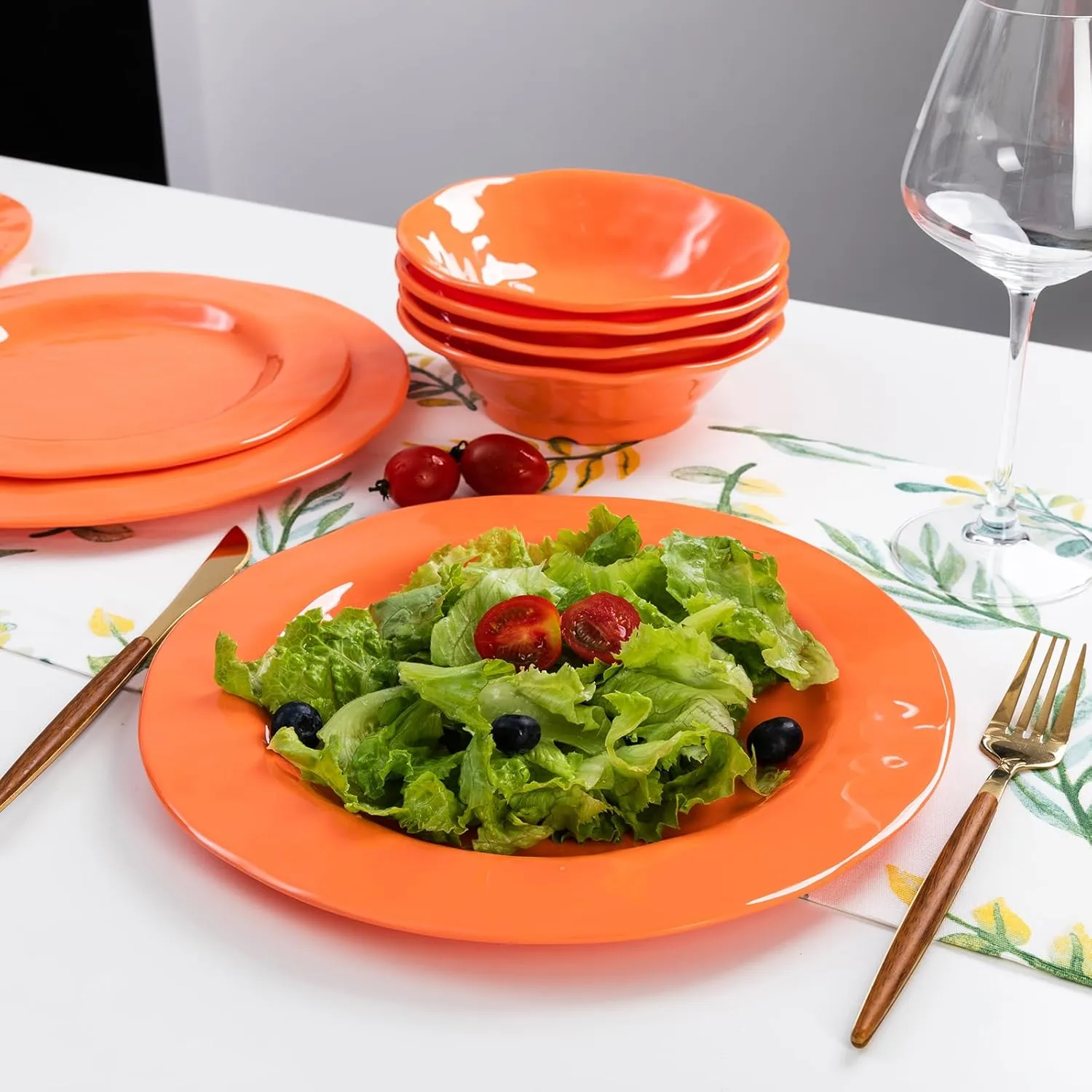 LEHAHA Orange Melamine Dinnerware Set, 12 Piece Kitchen Tableware Plates Bowls Dishes Set, Lightweight Unbreakable Dinnerware Set for 4, Dishwasher Safe and BPA free