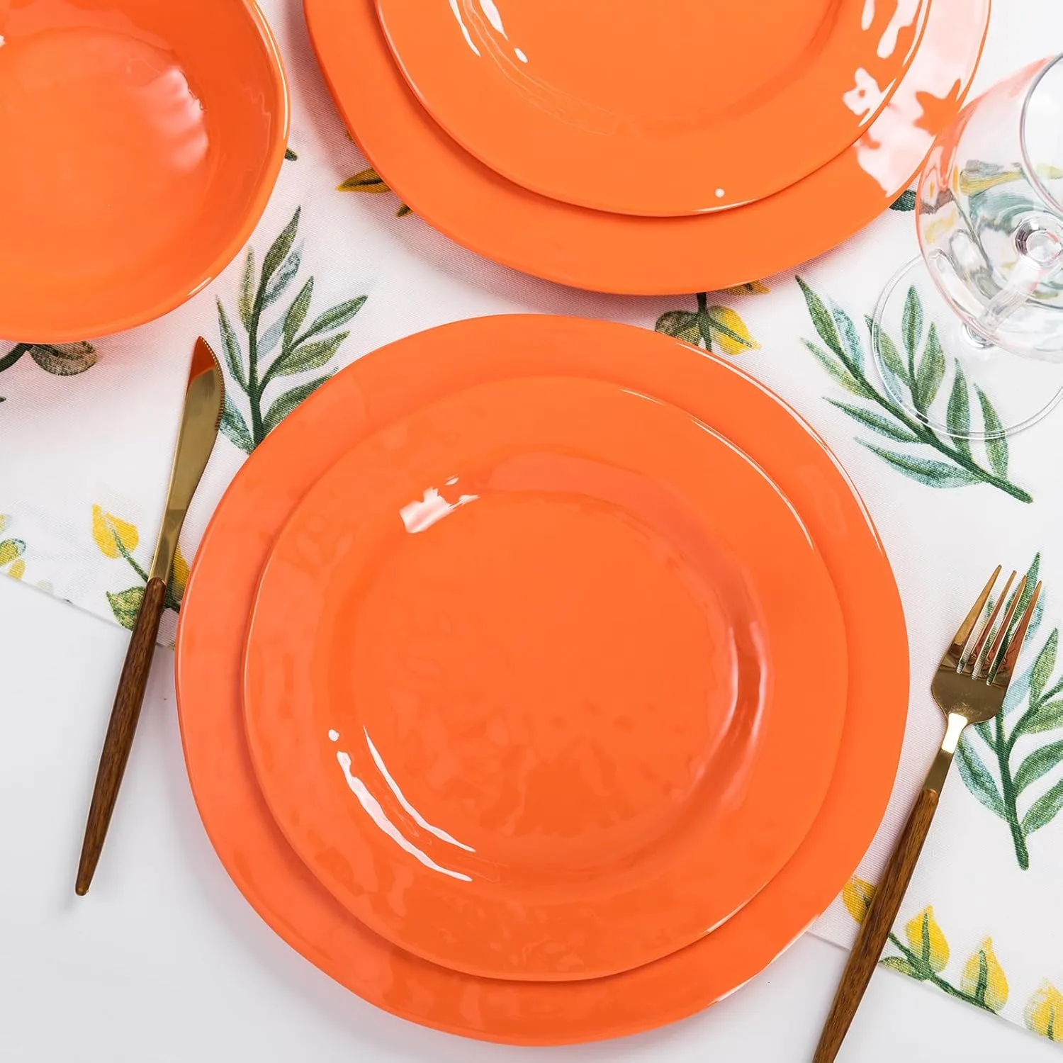 LEHAHA Orange Melamine Dinnerware Set, 12 Piece Kitchen Tableware Plates Bowls Dishes Set, Lightweight Unbreakable Dinnerware Set for 4, Dishwasher Safe and BPA free