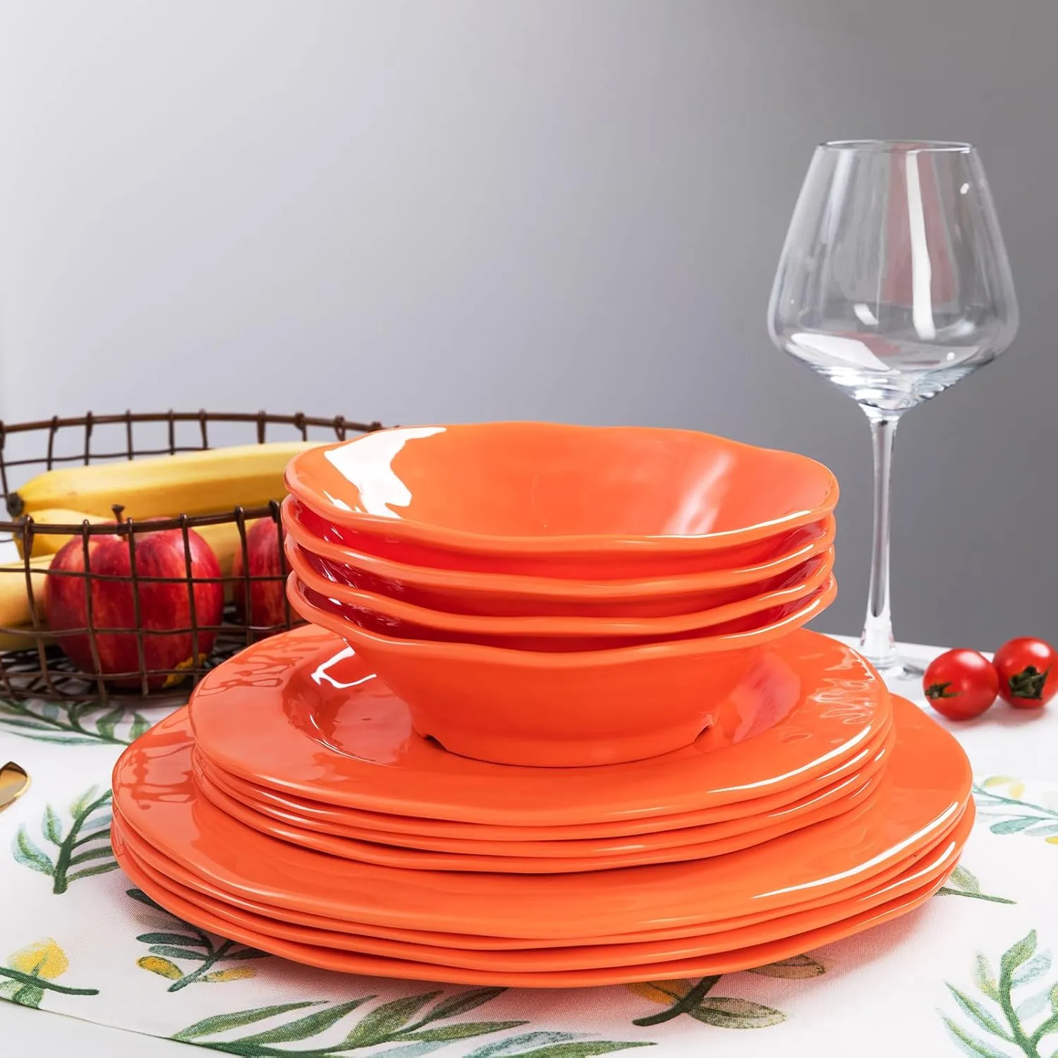 LEHAHA Orange Melamine Dinnerware Set, 12 Piece Kitchen Tableware Plates Bowls Dishes Set, Lightweight Unbreakable Dinnerware Set for 4, Dishwasher Safe and BPA free