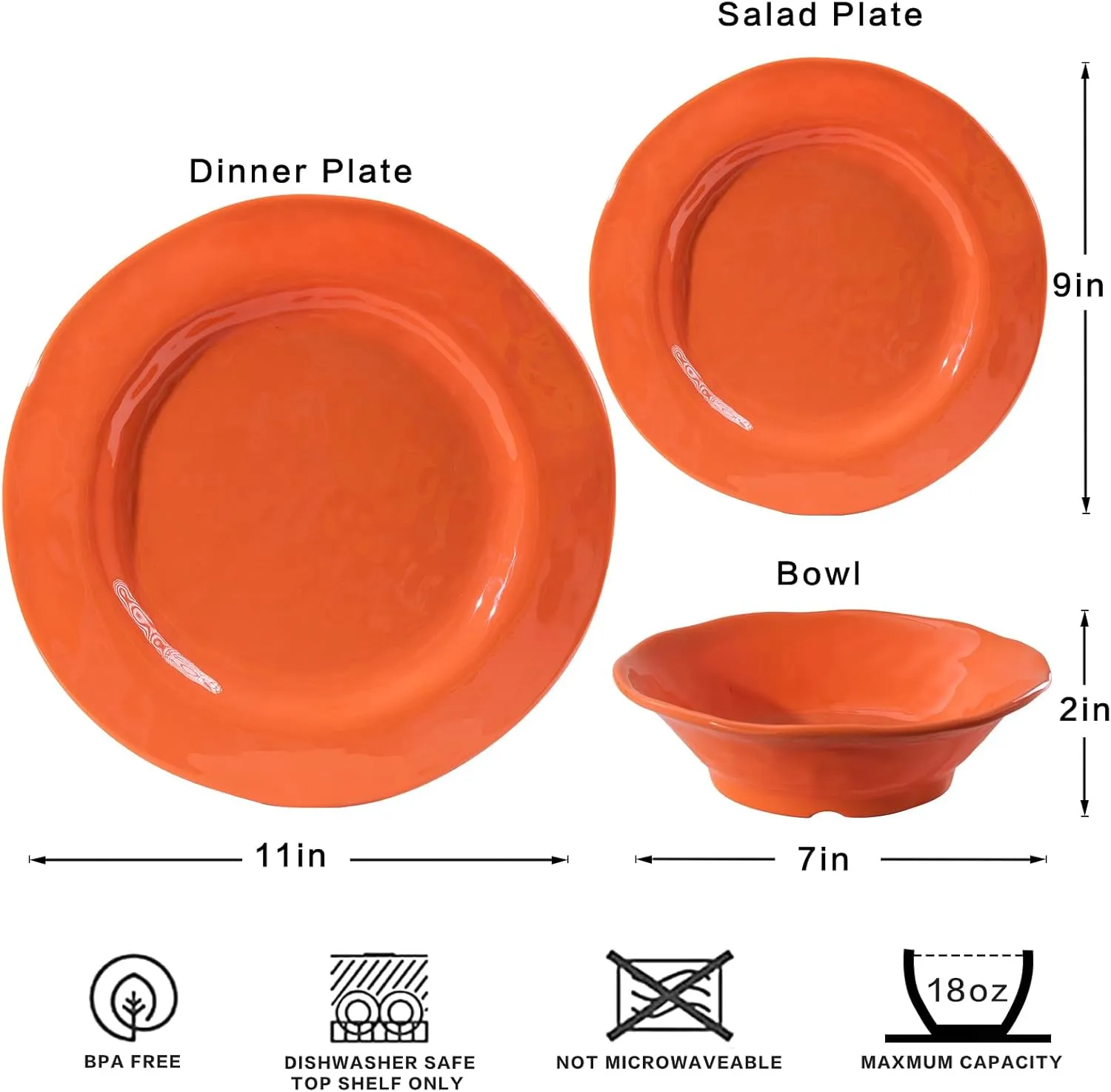 LEHAHA Orange Melamine Dinnerware Set, 12 Piece Kitchen Tableware Plates Bowls Dishes Set, Lightweight Unbreakable Dinnerware Set for 4, Dishwasher Safe and BPA free