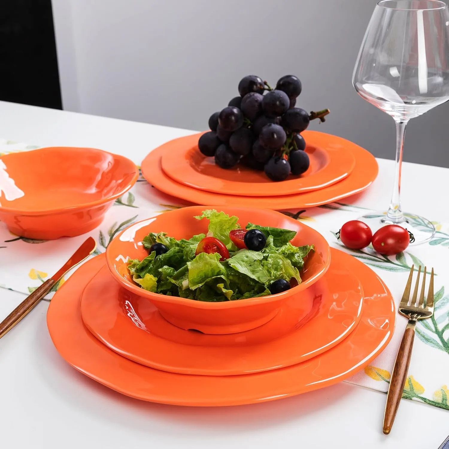 LEHAHA Orange Melamine Dinnerware Set, 12 Piece Kitchen Tableware Plates Bowls Dishes Set, Lightweight Unbreakable Dinnerware Set for 4, Dishwasher Safe and BPA free