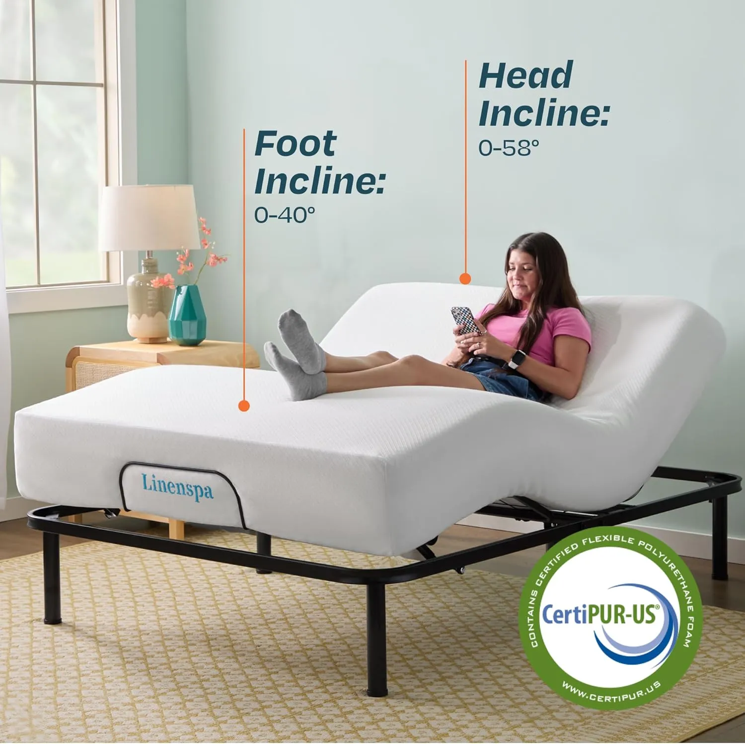 Linenspa Adjustable Bed Frame - Independent Head and Foot Incline - Powerful Quiet Motor - Easy Tool Free Assembly - Lounging - Watch TV - Working - Reading - Ergonomic - Electric Bed Base - Full Size
