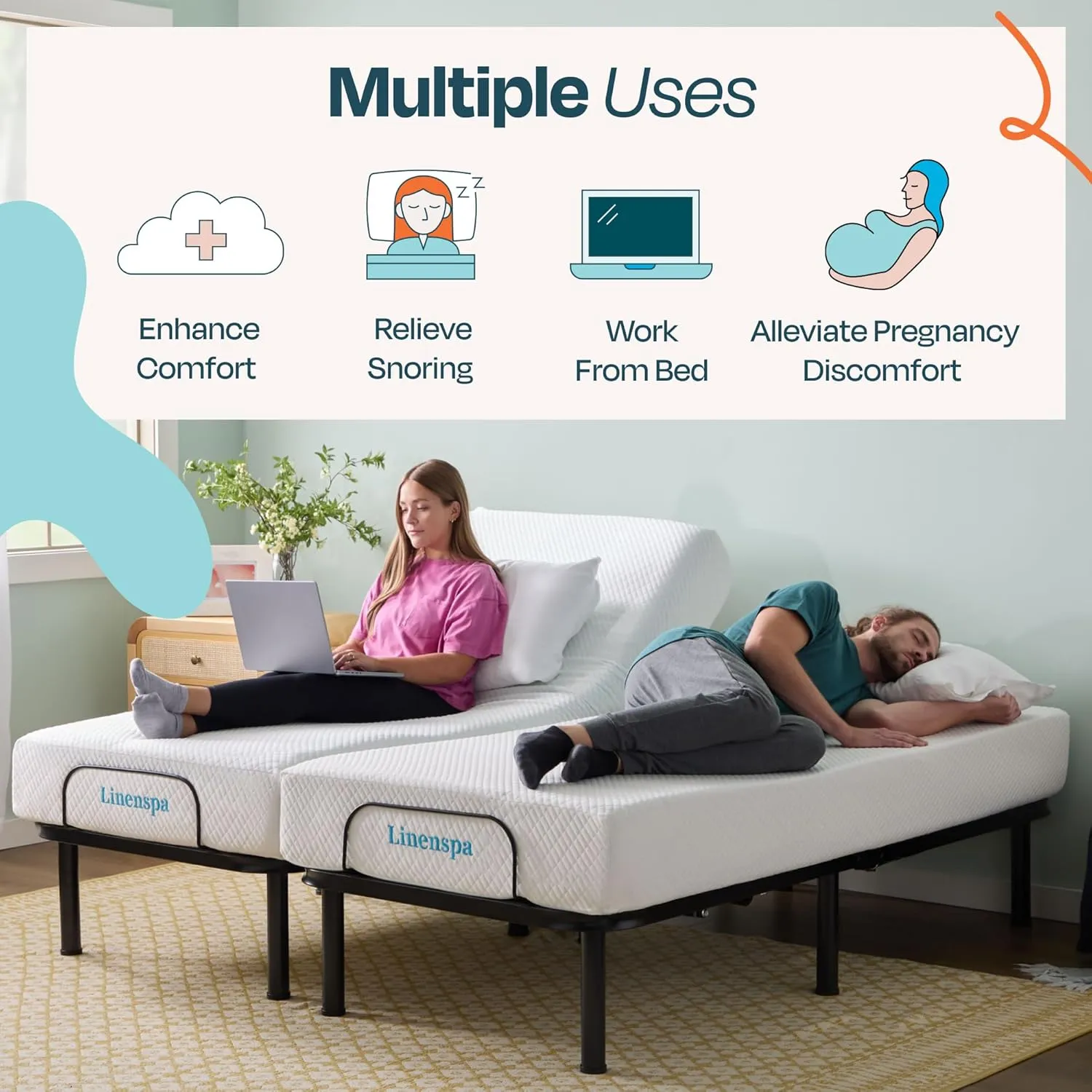 Linenspa Adjustable Bed Frame - Independent Head and Foot Incline - Powerful Quiet Motor - Easy Tool Free Assembly - Lounging - Watch TV - Working - Reading - Ergonomic - Electric Bed Base - Full Size