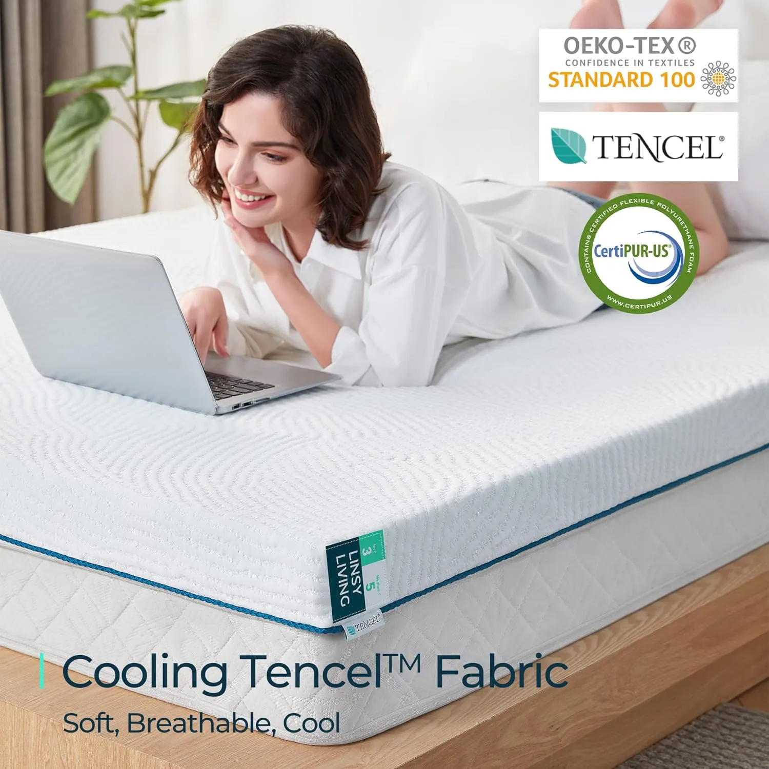 LINSY LIVING 3 Inches Queen Memory Foam Mattress Topper, Cooling Gel-Infused Swirl Memory Foam, Soft Bed Topper with Tencel™ Cover, CertiPUR-US and Oeko-TEX Certified, 80" L * 60" W * 3" H