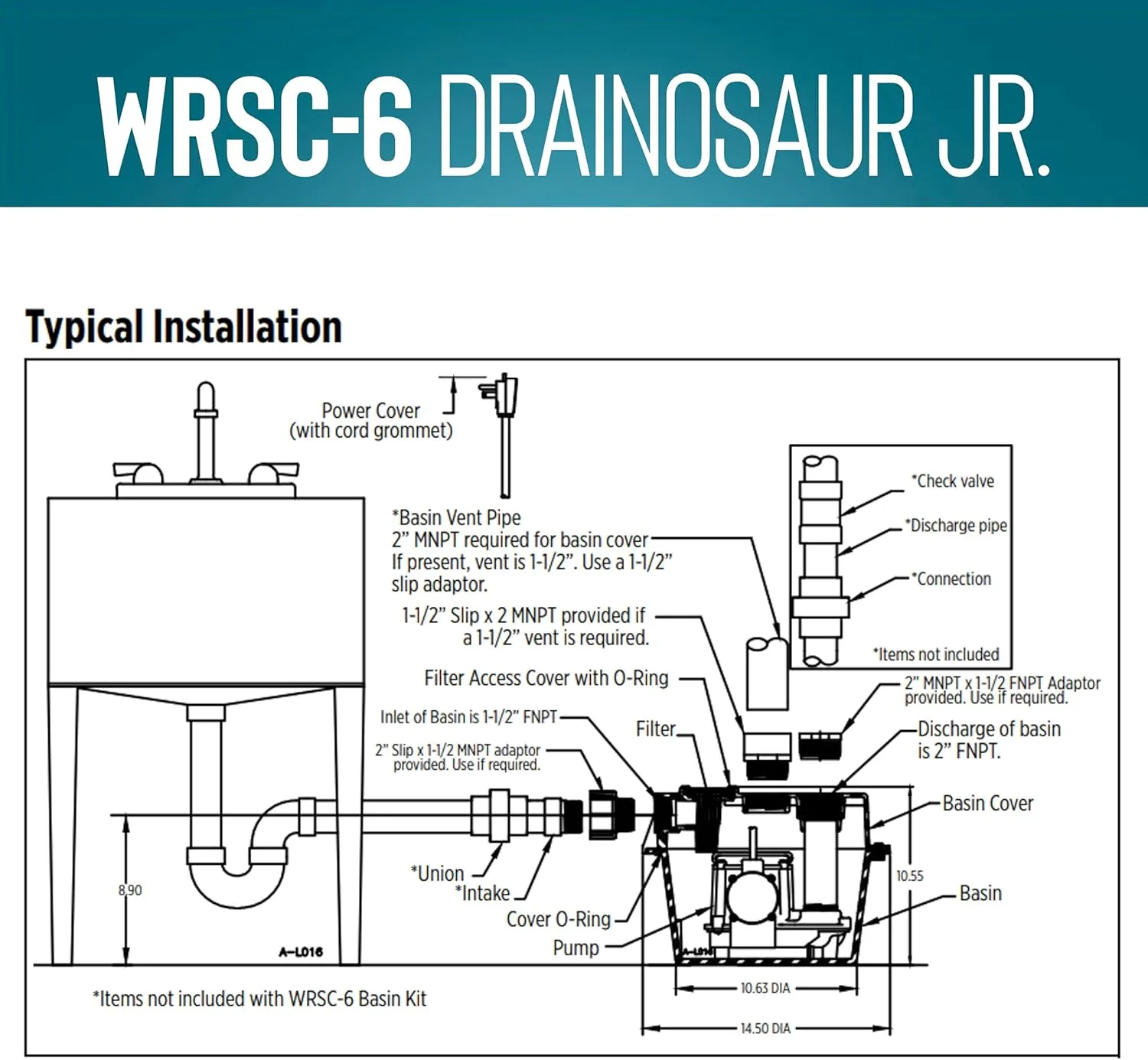 Little Giant WRSC-6 115-Volt, 1/3 HP, 2760 GPH Compact Under Sink Drainosaur Automatic Sump Pump/Basin System with 10-Ft. Cord, Black/Blue, 506065