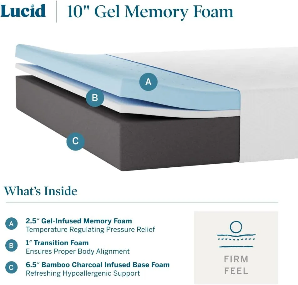 LUCID 10 Inch Memory Foam Mattress - Firm Feel - Infused with Bamboo Charcoal and Gel - Bed in a Box - Temperature Regulating - Pressure Relief - Breathable - Queen Size